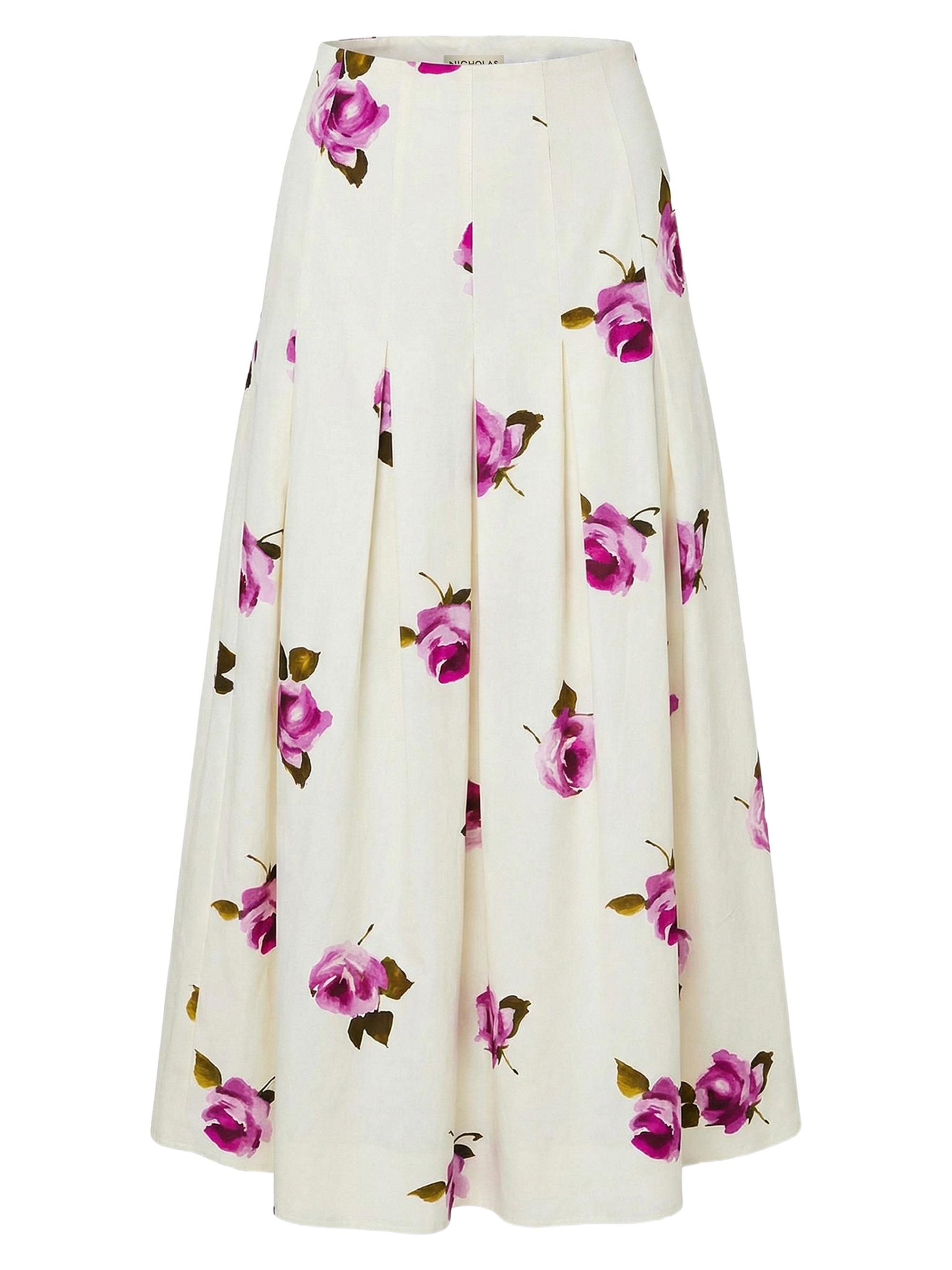 Nicholas the Label Women's Jordana Pleated Floral Linen-Blend Midi-Skirt - Floating Rosebuds