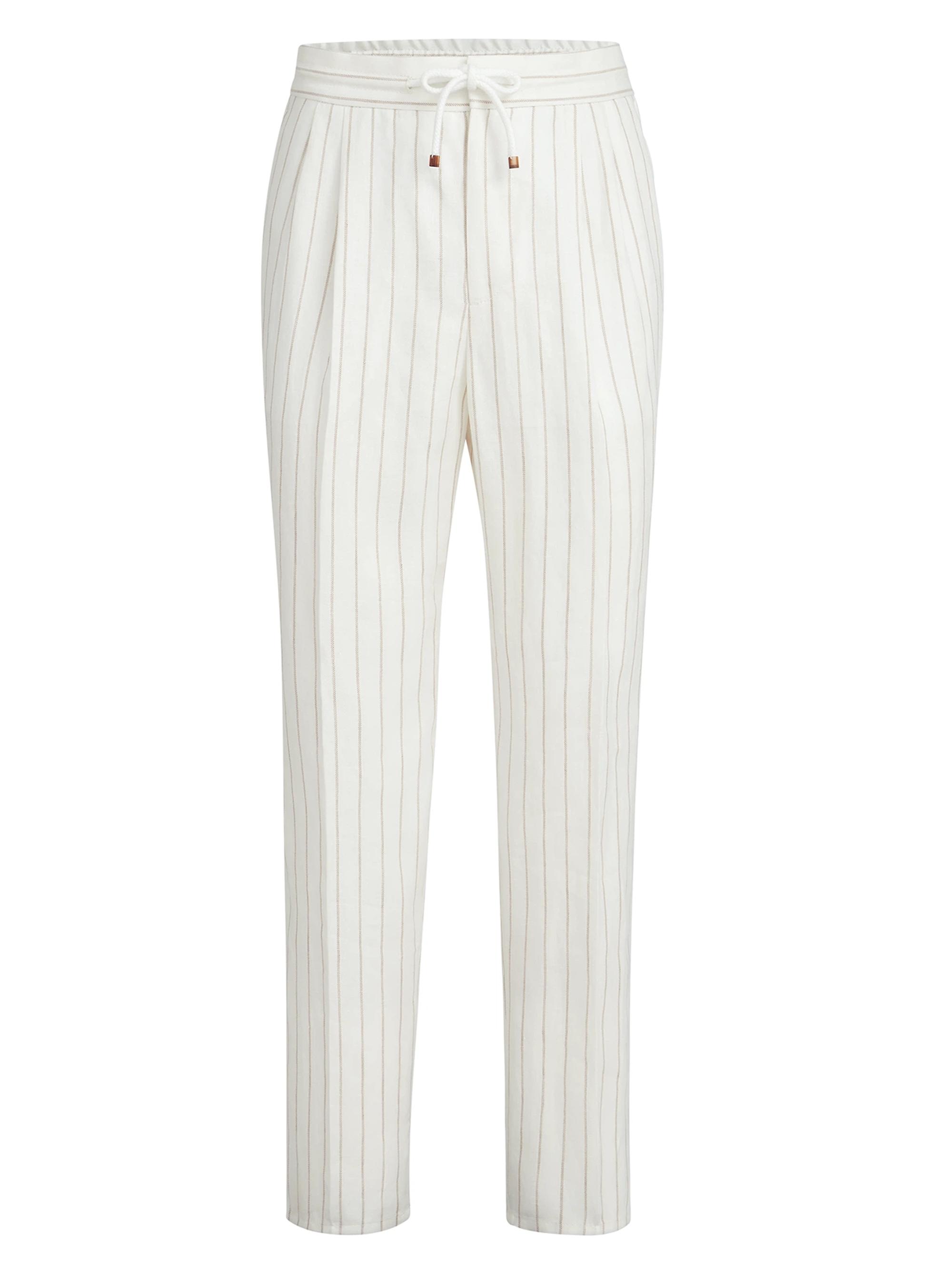 Brunello Cucinelli Men's Chalk Stripe Linen Twill Trousers with Drawstring - Panama
