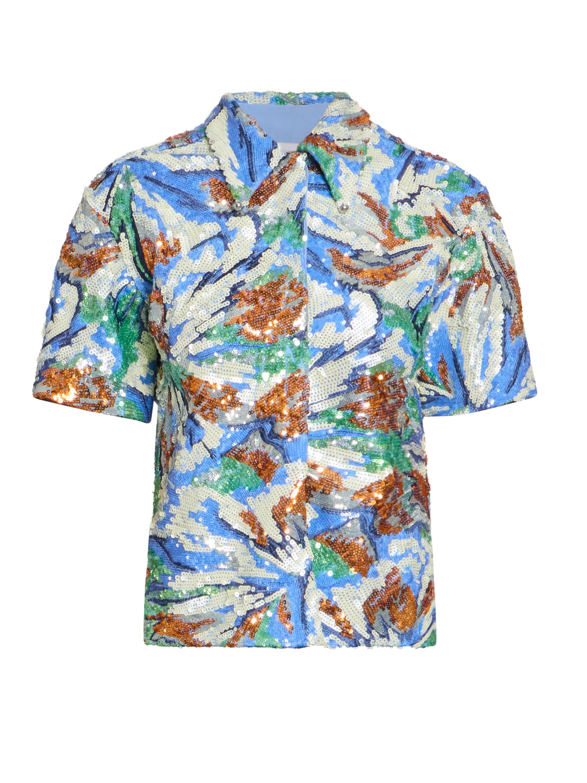 Rabanne Women's Sequined Abstract Floral Shirt - Abstract Flowers Blue Or