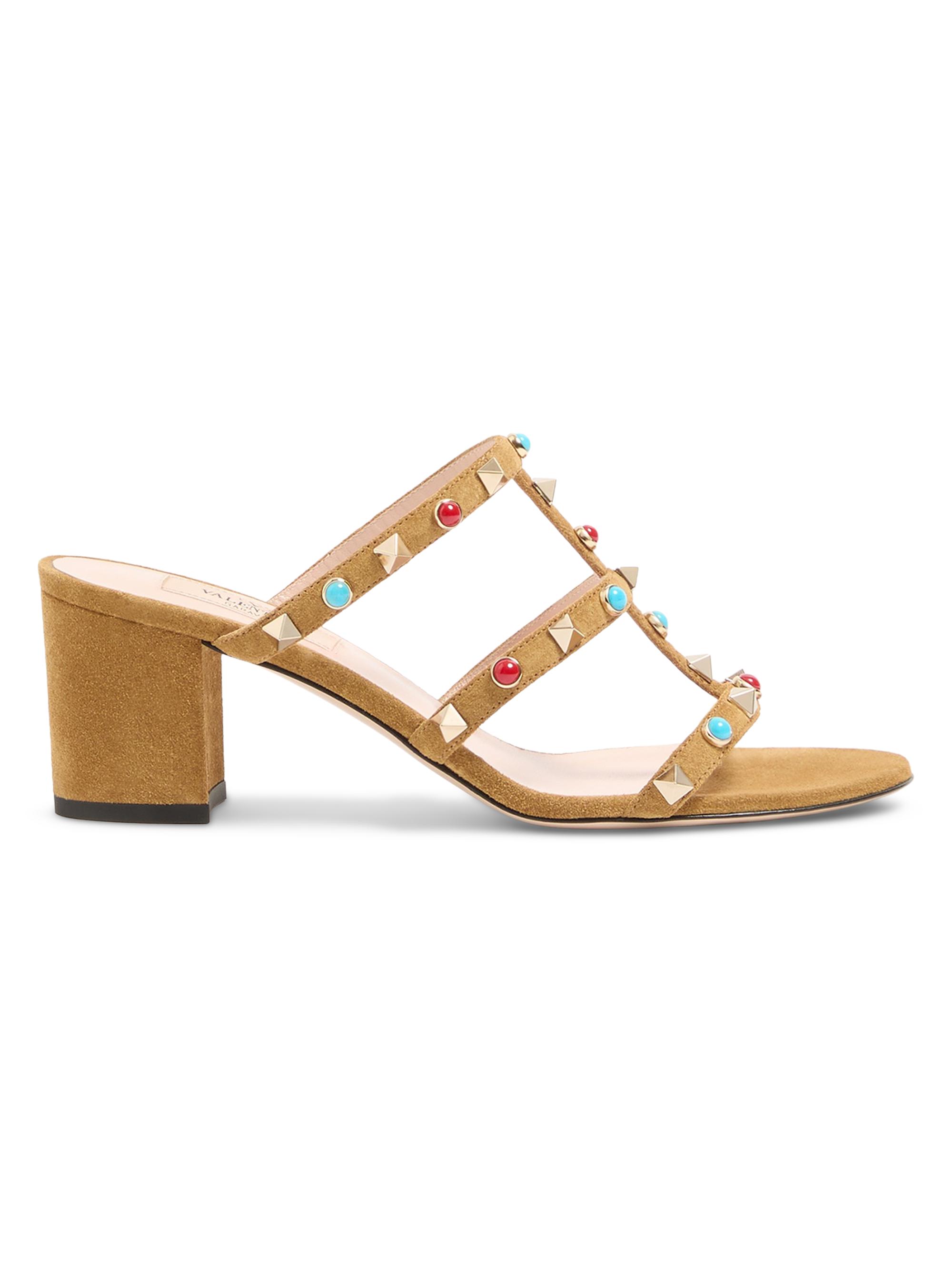 Valentino Garavani Women's Rockstud Slide Sandals in Suede with Cabochon Stones 60MM - Havana Beige