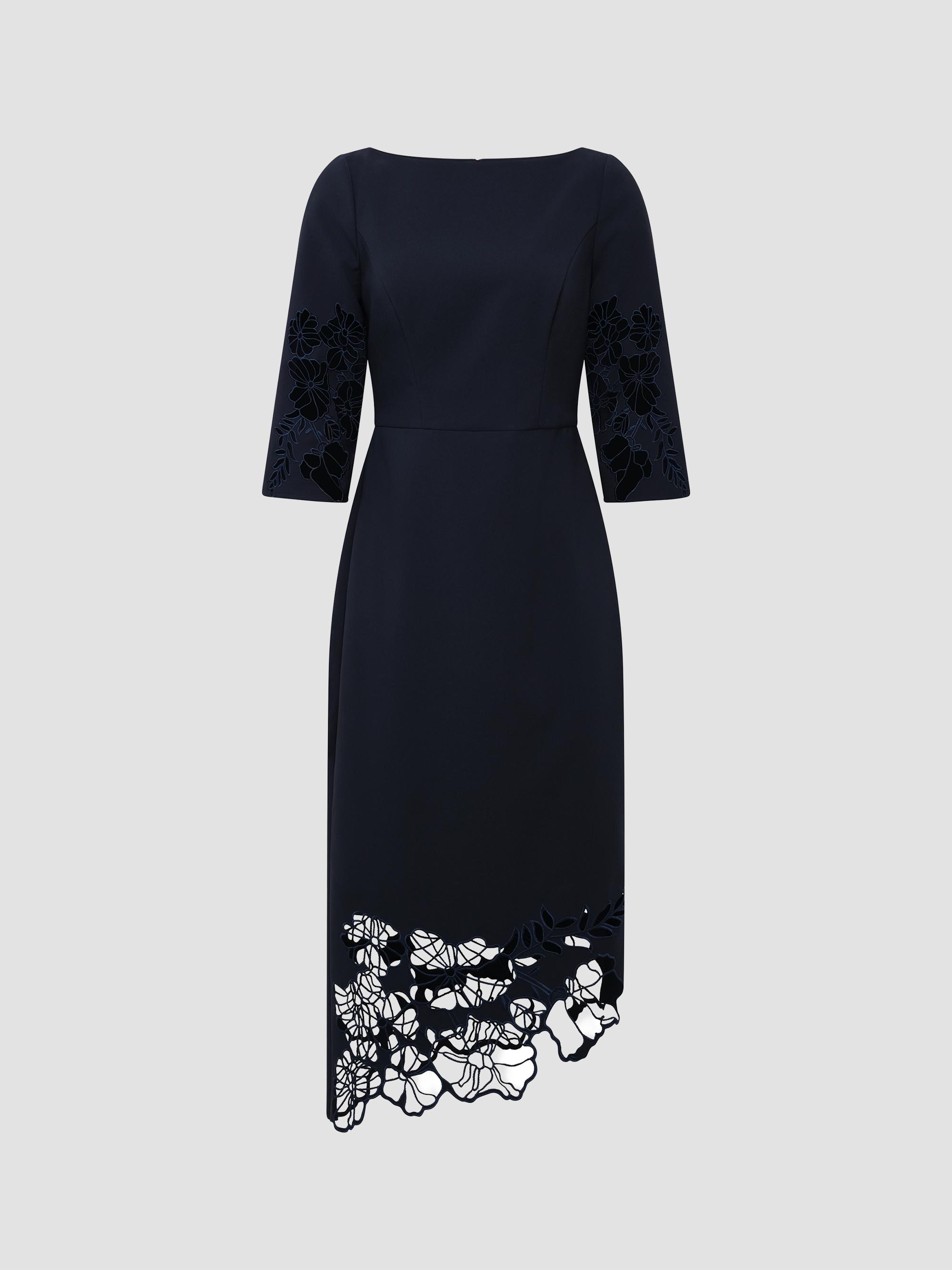 kay unger floral lace midi dress Kay Unger Midnight Blue Tatum Floral Lace Midi Dress Size 6 $248