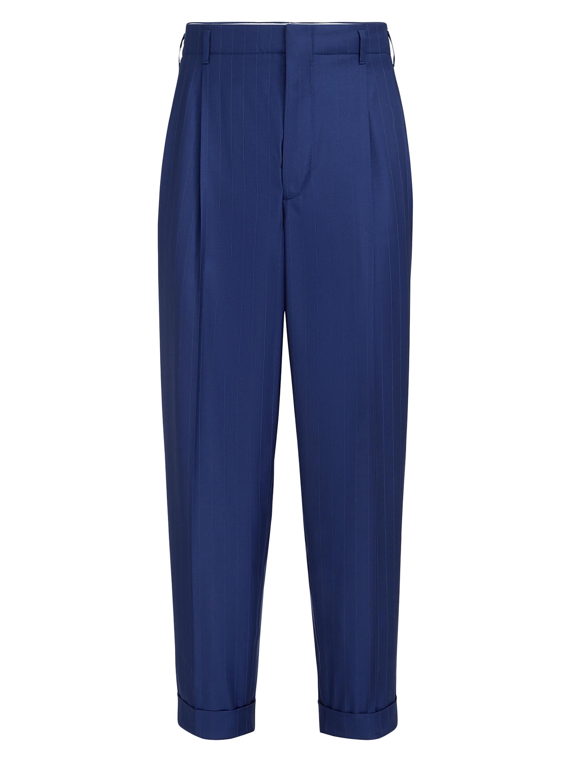 Brunello Cucinelli Men's Virgin Wool Chalk Stripe Batavia Trousers with Double Pleats - Royale Blue