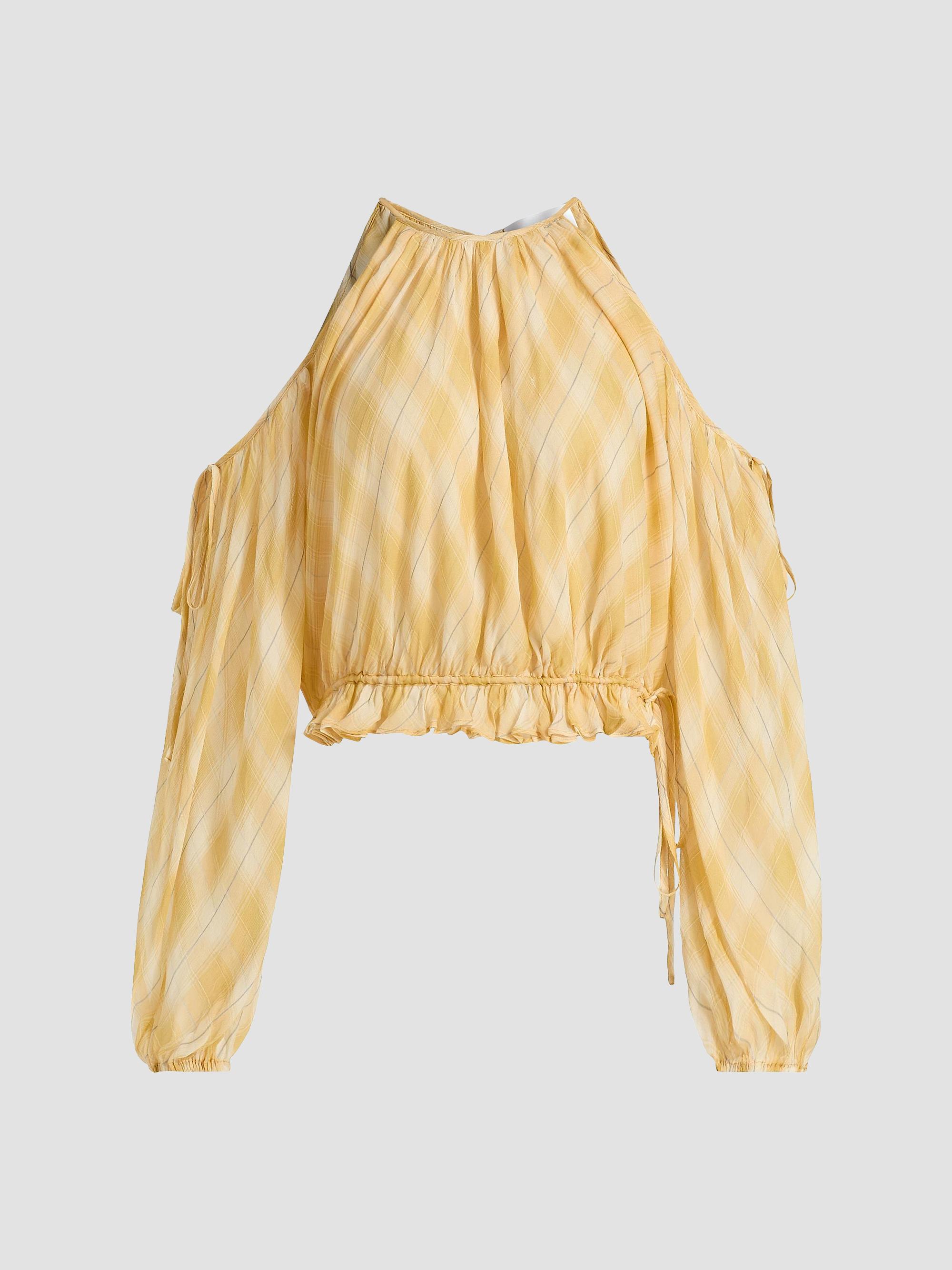 Ronny Kobo Women's Kiera Shadow Plaid Cold-Shoulder Top - Yellow Plaid | Thumbnail 8