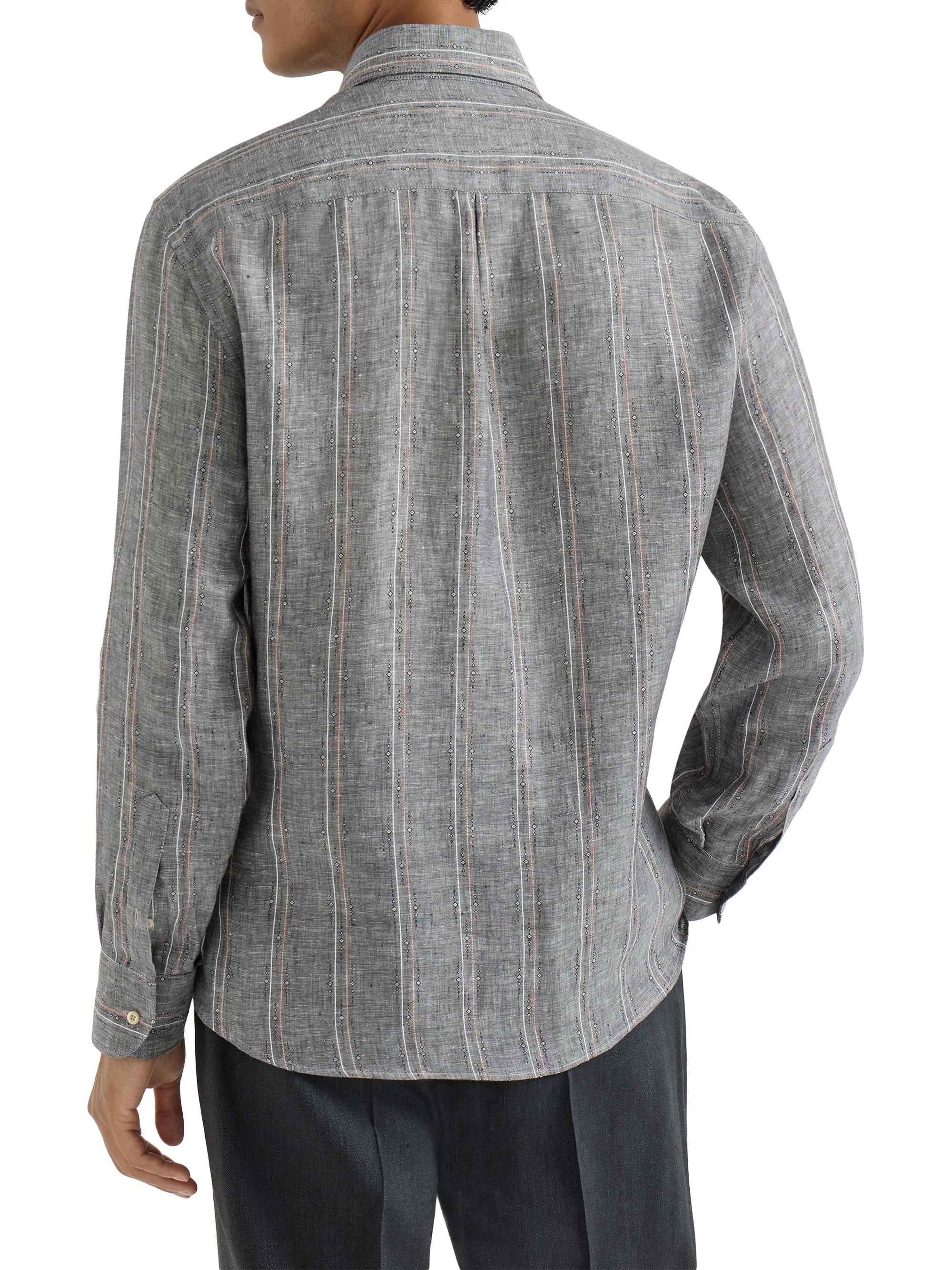 Brunello Cucinelli Textured Stripe Linen Easy Fit Shirt with Chest