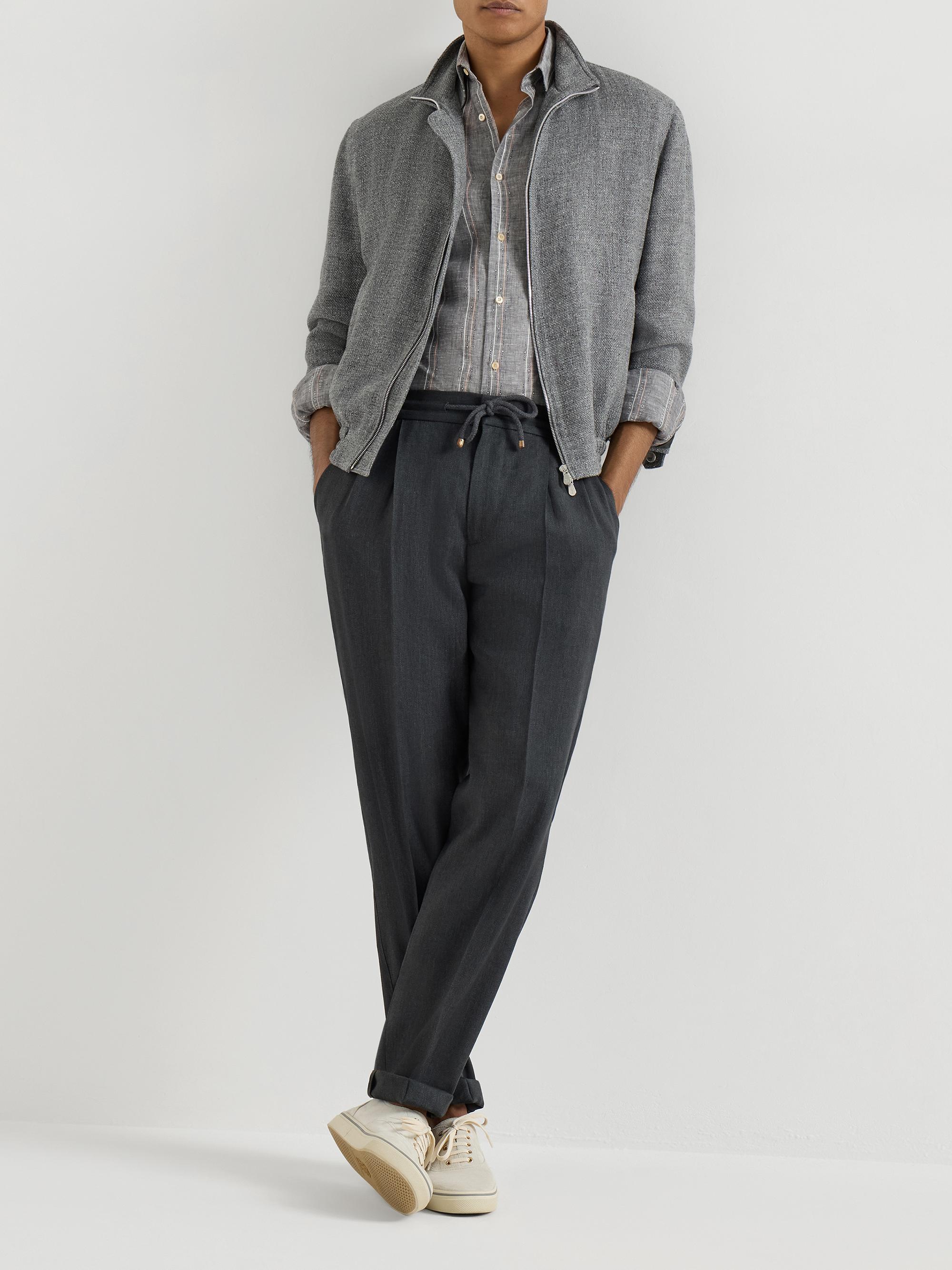 Brunello Cucinelli Textured Stripe Linen Easy Fit Shirt with Chest