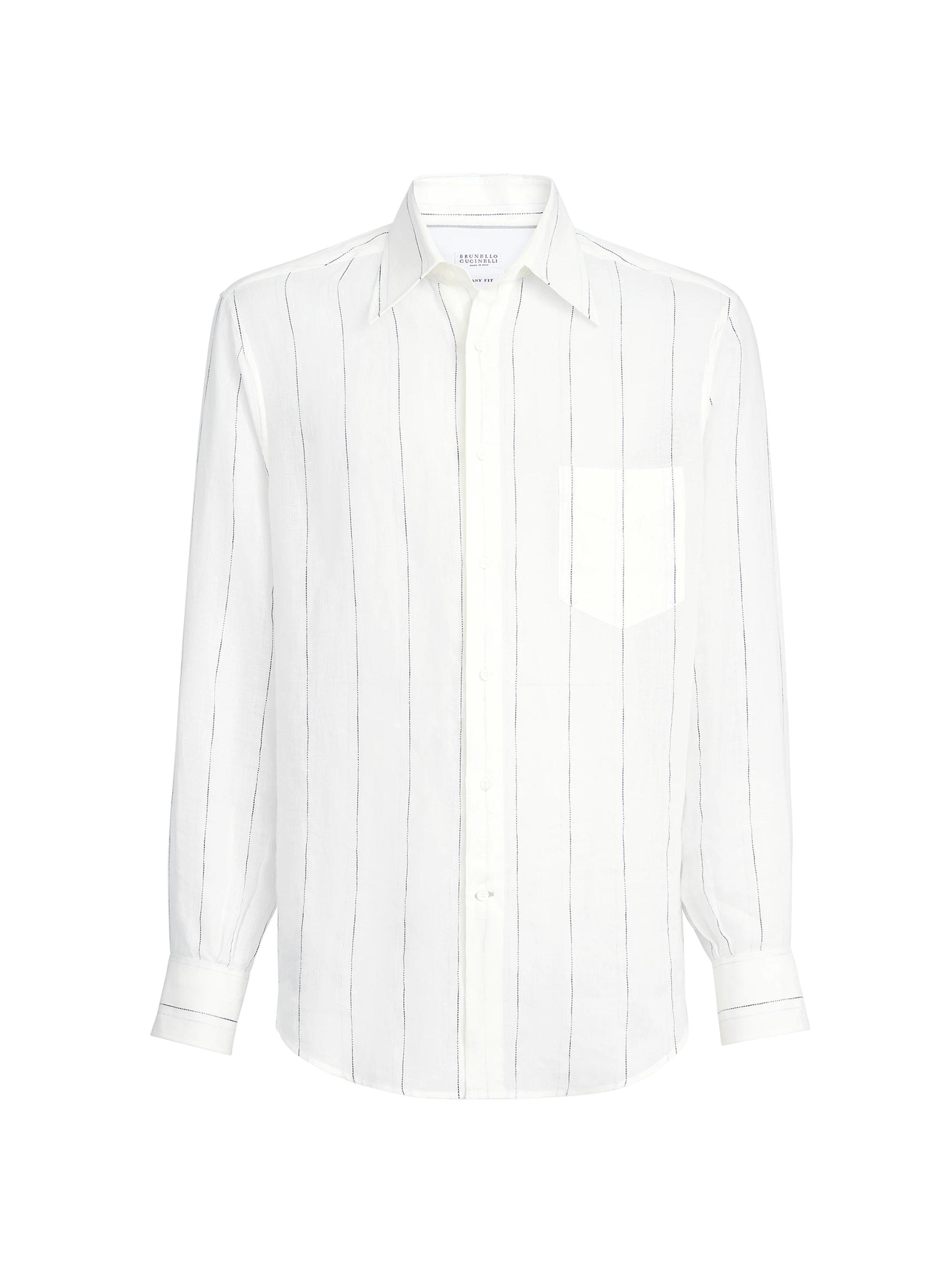 Brunello Cucinelli Men's Textured Stripe Linen Easy Fit Shirt with Chest Pocket - Panama