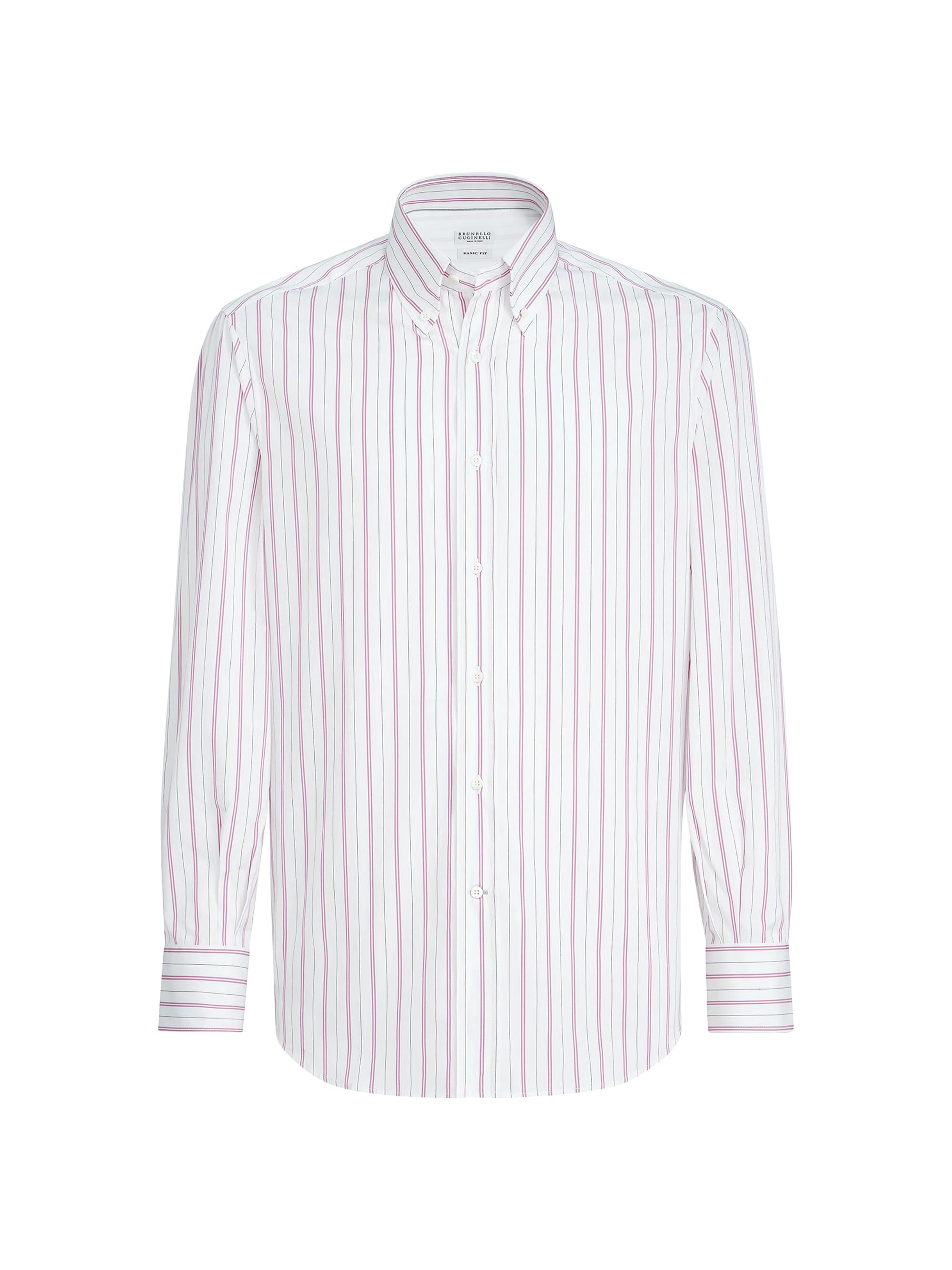 Brunello Cucinelli Men's Multistripe Poplin Basic Fit Shirt with Button Down Collar - White