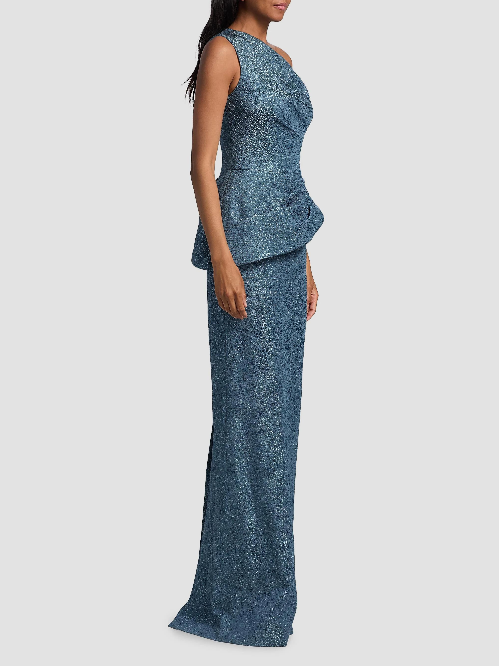Teri Jon by Rickie Freeman Metallic Jacquard One-Shoulder Peplum