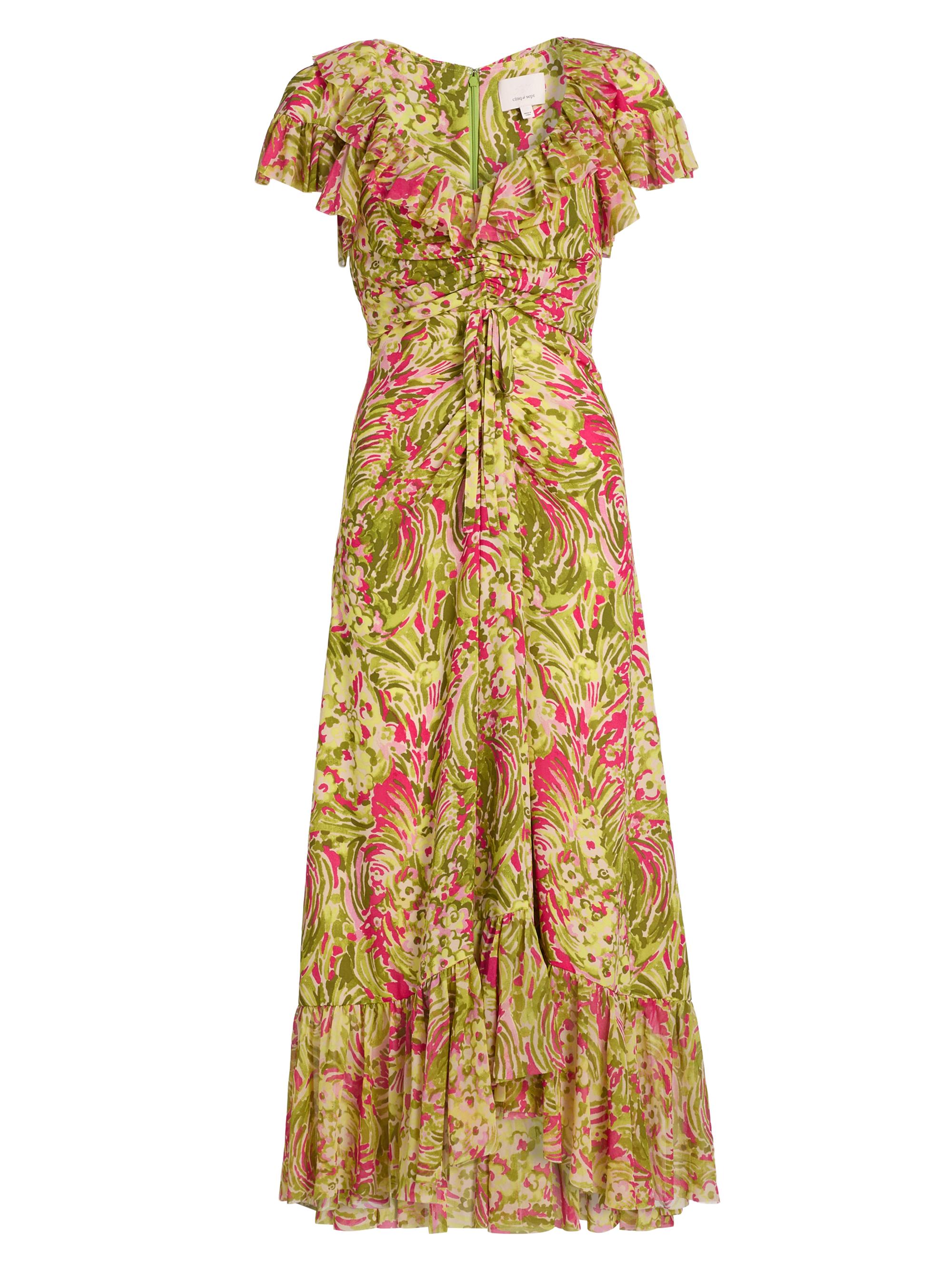 Cinq à Sept Women's Daisy Swirl Ivey Printed Ruffled V-Neck Midi-Dress - Pink Amethyst Multi