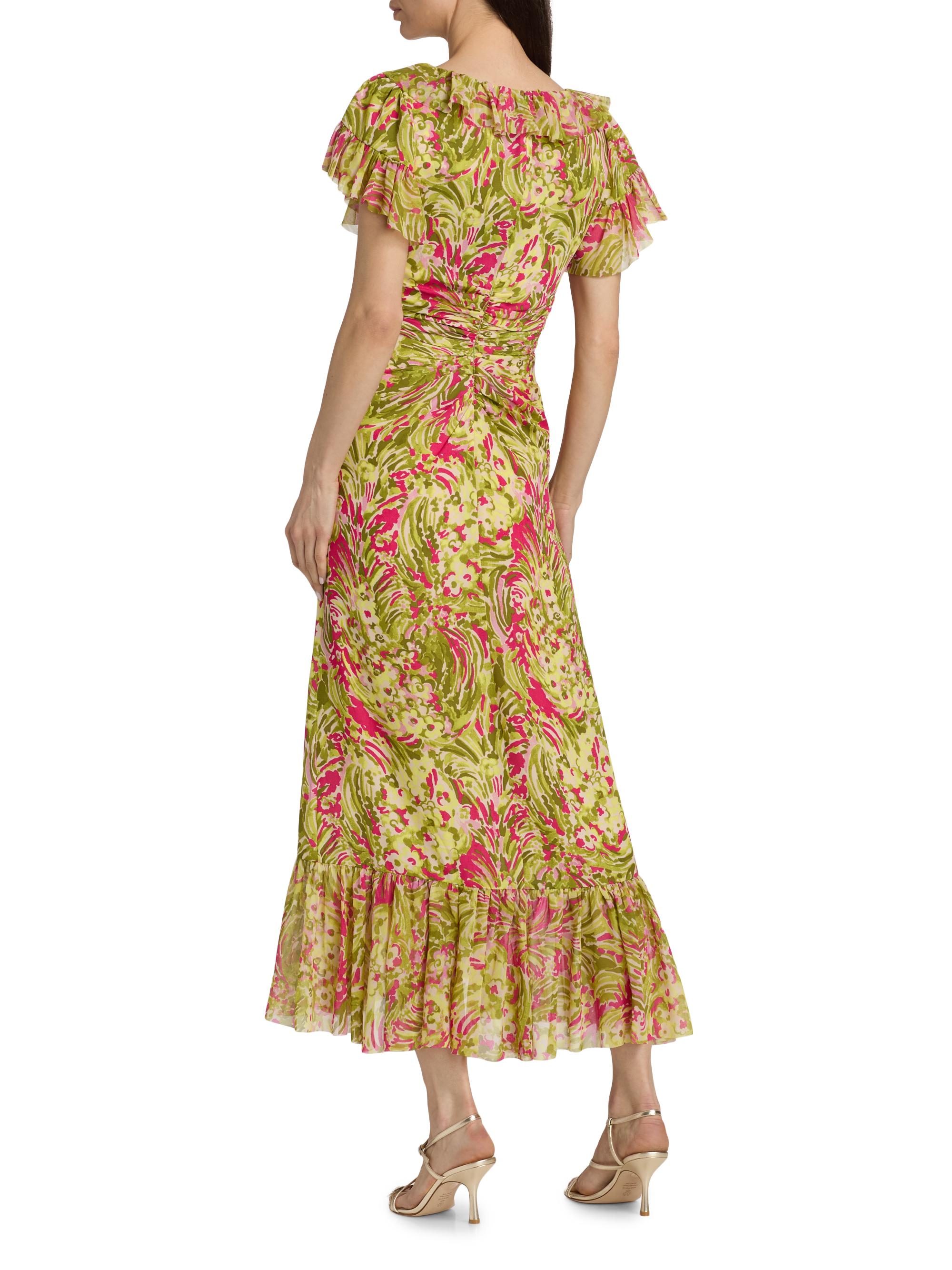 Cinq à Sept Daisy Swirl Ivey Printed Ruffled V-Neck Midi-Dress