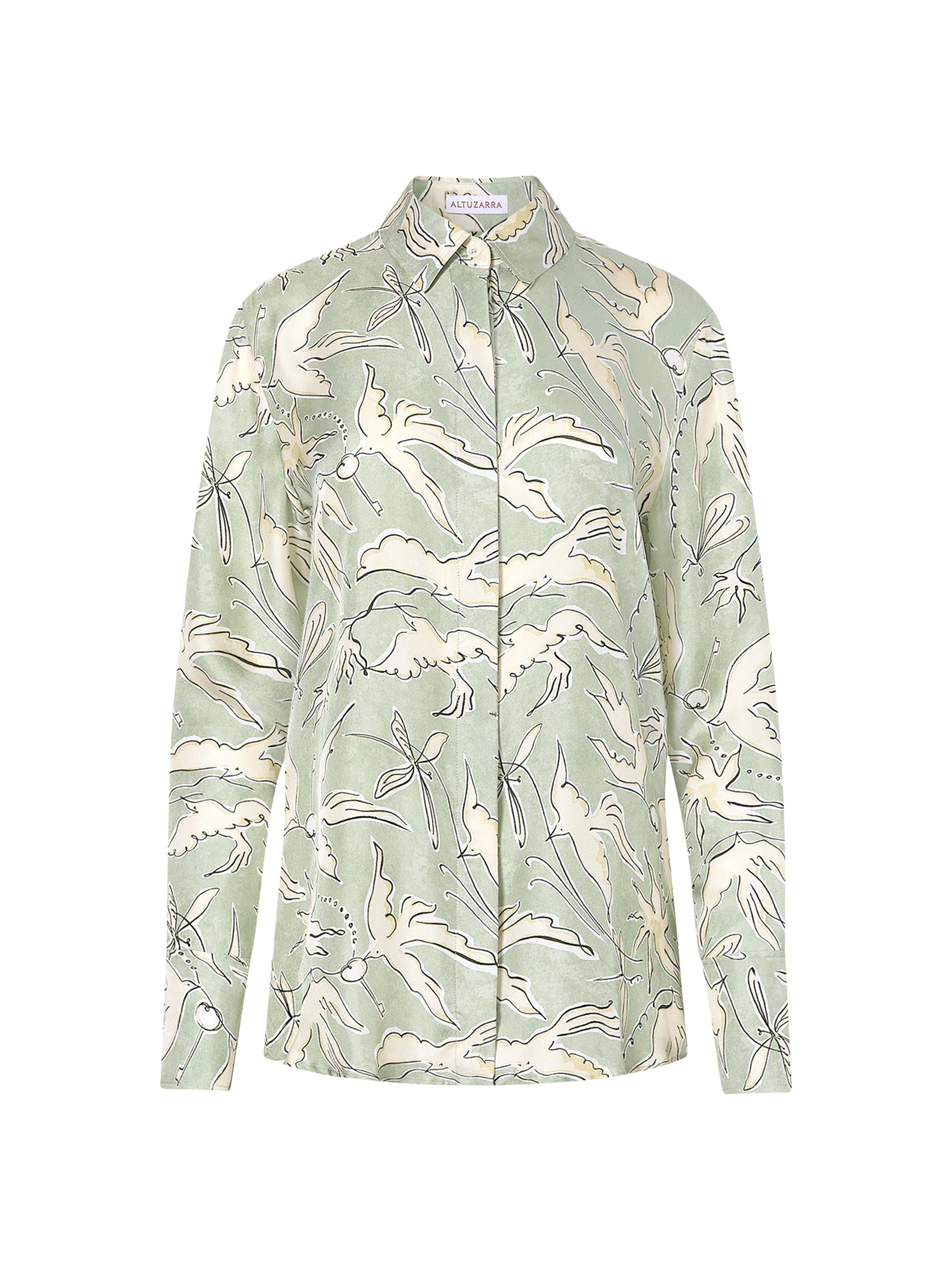 Altuzarra Women's Chika Bird-Print Silk Button-Front Top - Desert Sage Bird