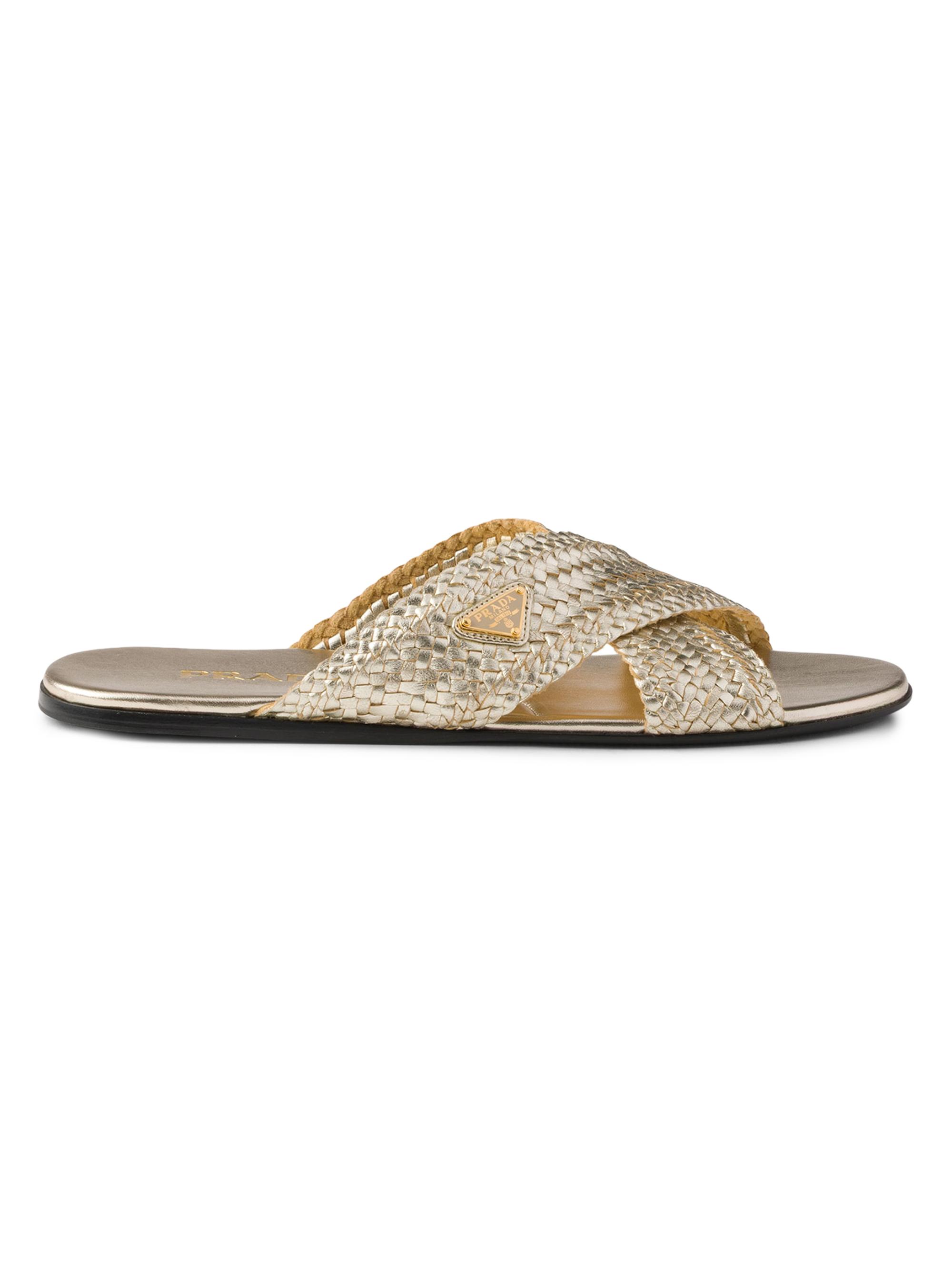 Women's Woven Leather Crisscross Slides - Gold