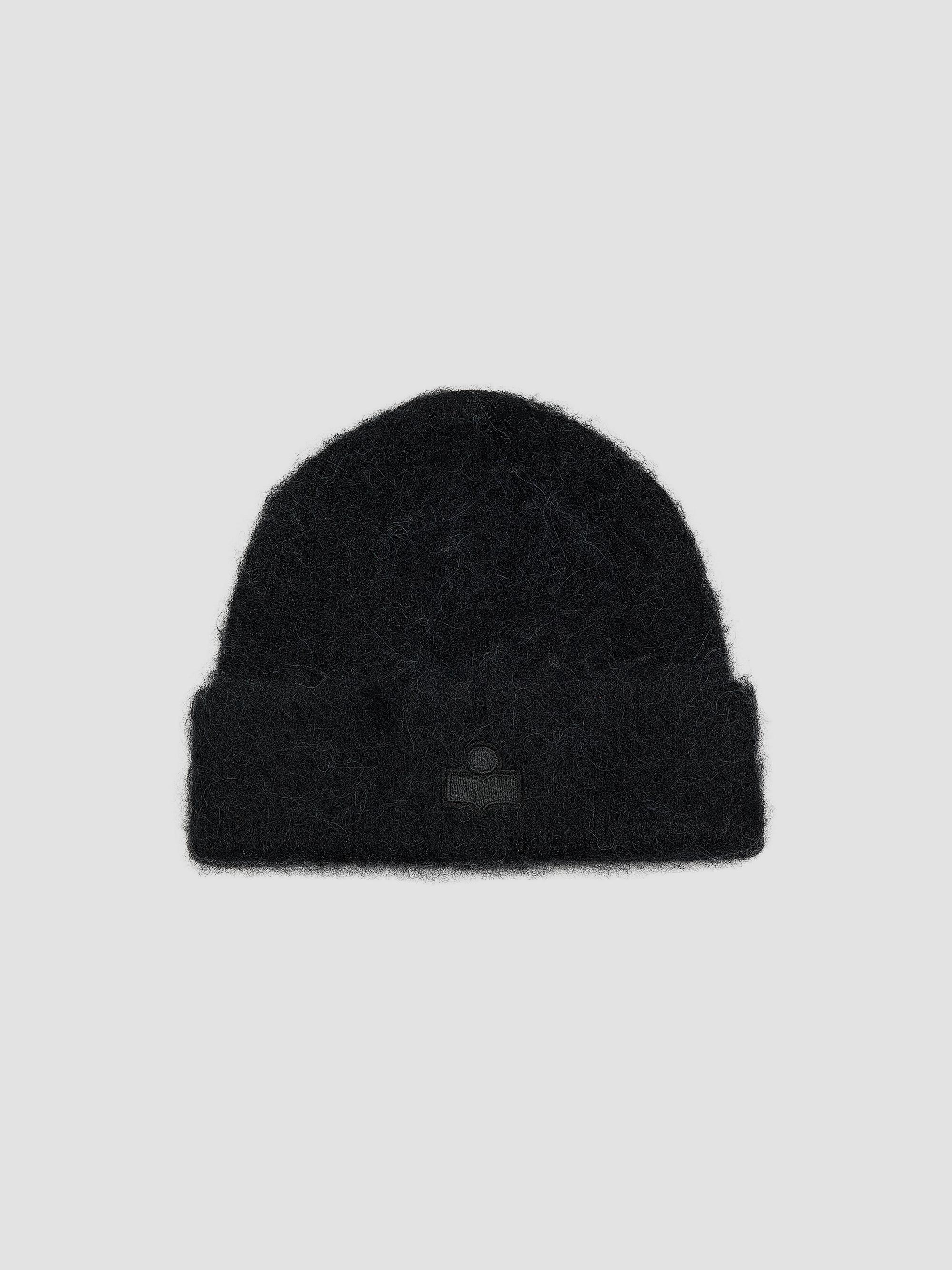 GANNI Black Ribbed Cuff Beanie Signature Woven Logo Tag Knit Hat Oversized Wool Rib Knit Beanie | GANNI US main image 3