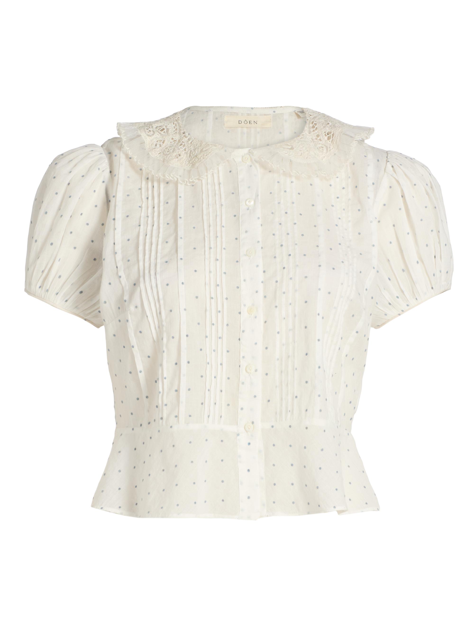 DÔEN Women's Oleta Polka Dot Lace Collar Top - Salt Flock Dot