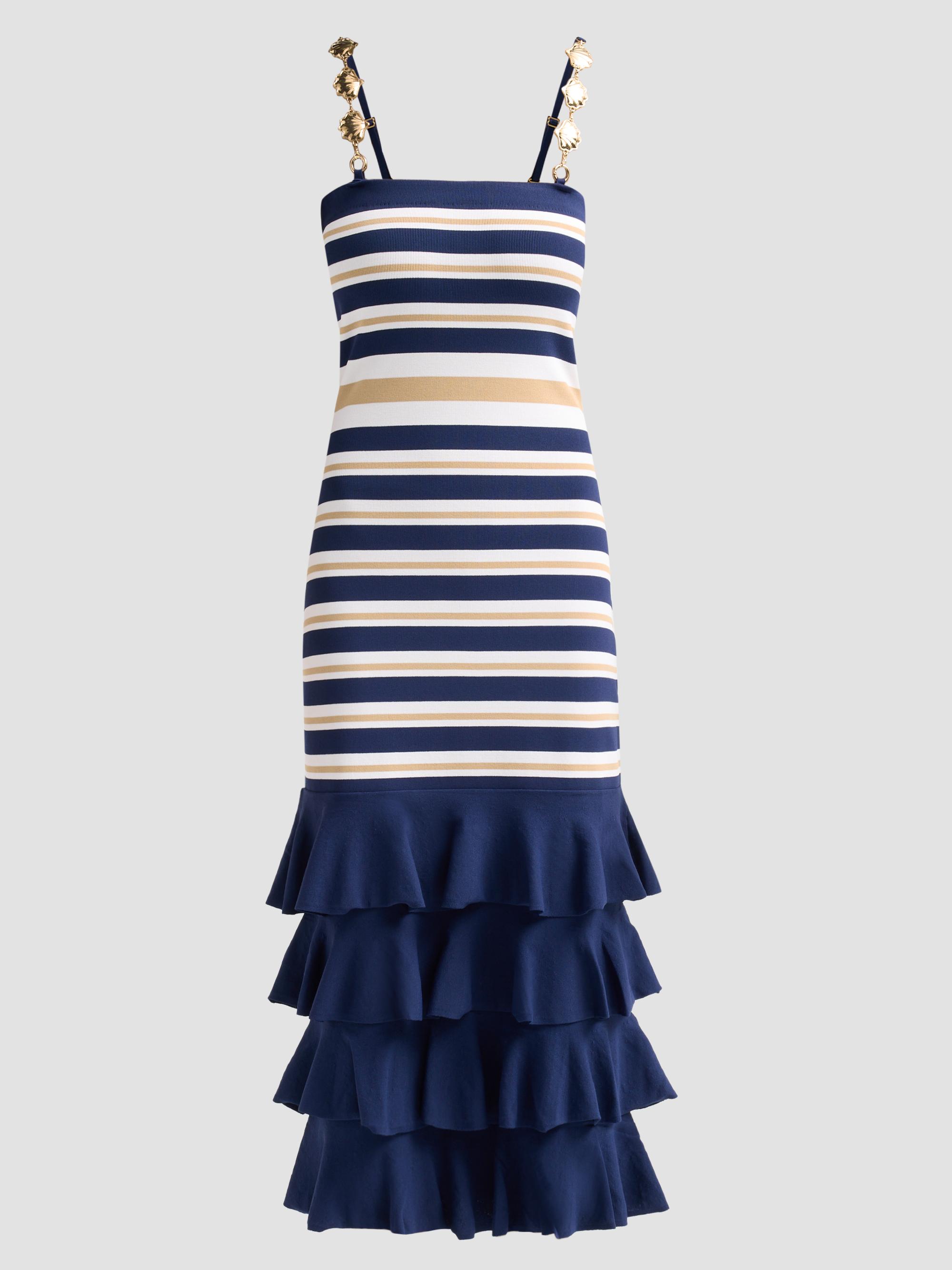 Cara Cara Women's Maryanne Shell Strap Ruffle Midi Dress - Navy Ginger Stripe
