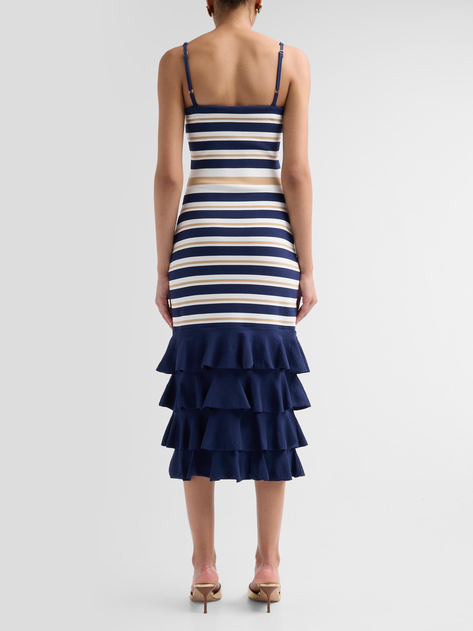 Cara Cara Women's Maryanne Shell Strap Ruffle Midi Dress - Navy Ginger Stripe | Thumbnail 3