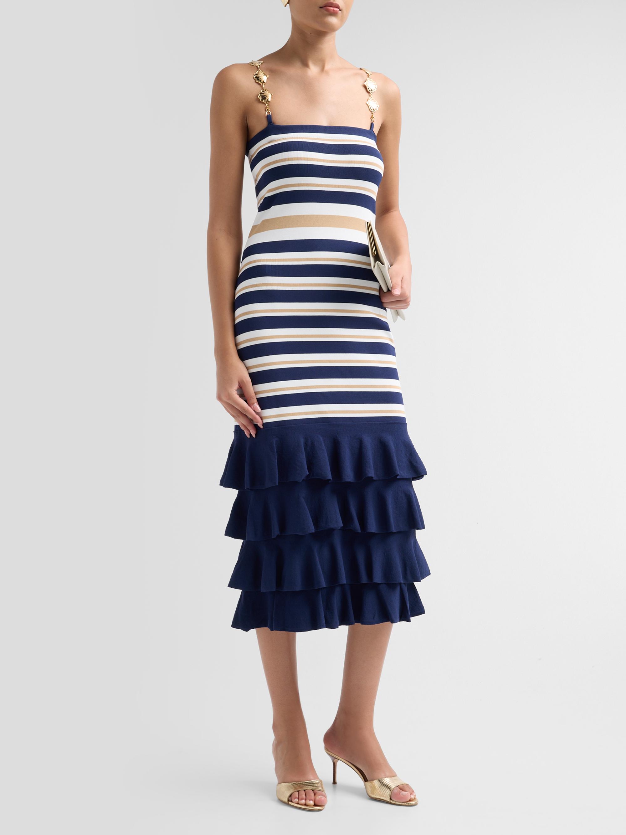 Cara Cara Women's Maryanne Shell Strap Ruffle Midi Dress - Navy Ginger Stripe | Thumbnail 4