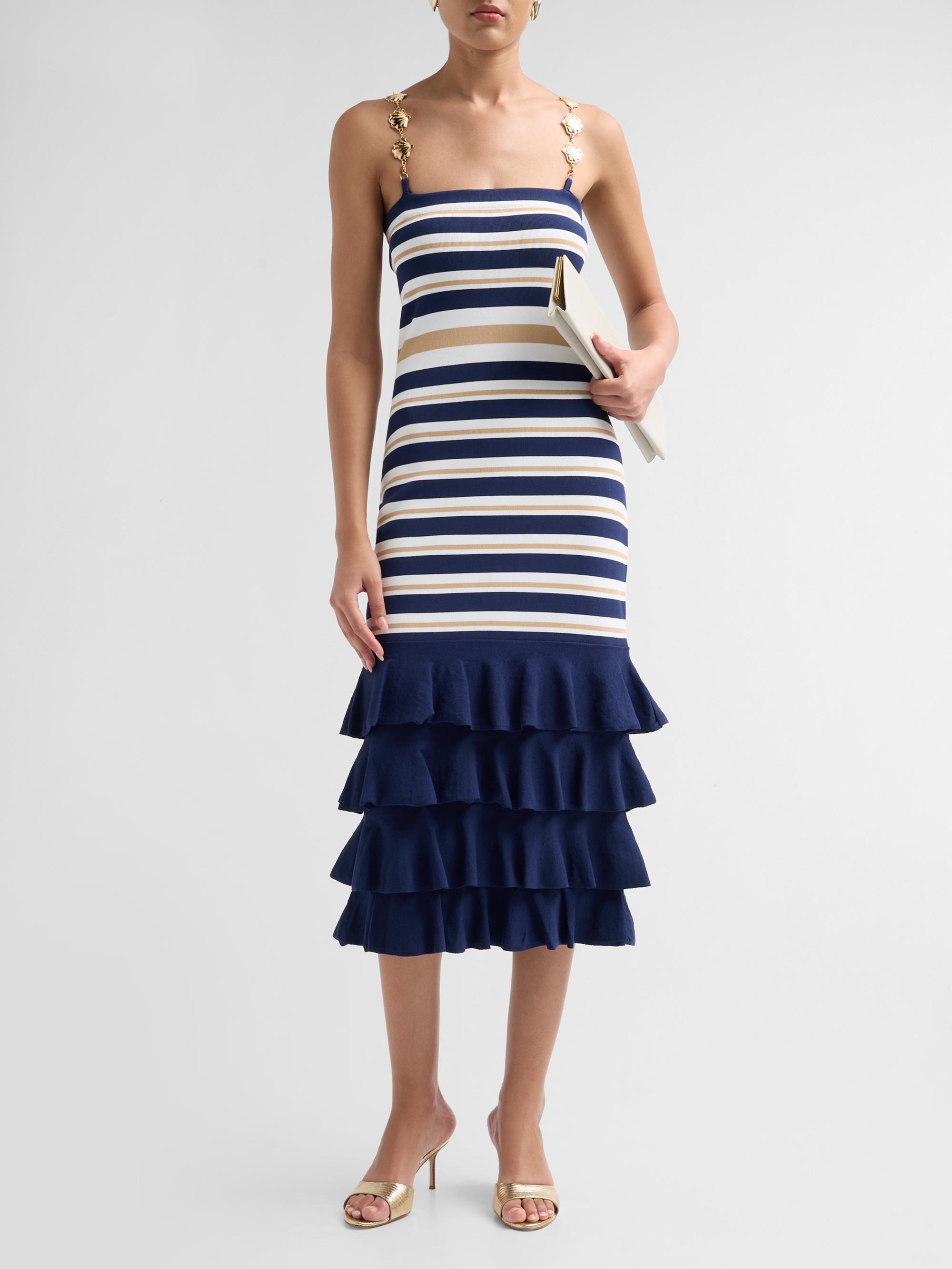 Cara Cara Women's Maryanne Shell Strap Ruffle Midi Dress - Navy Ginger Stripe | Thumbnail 2