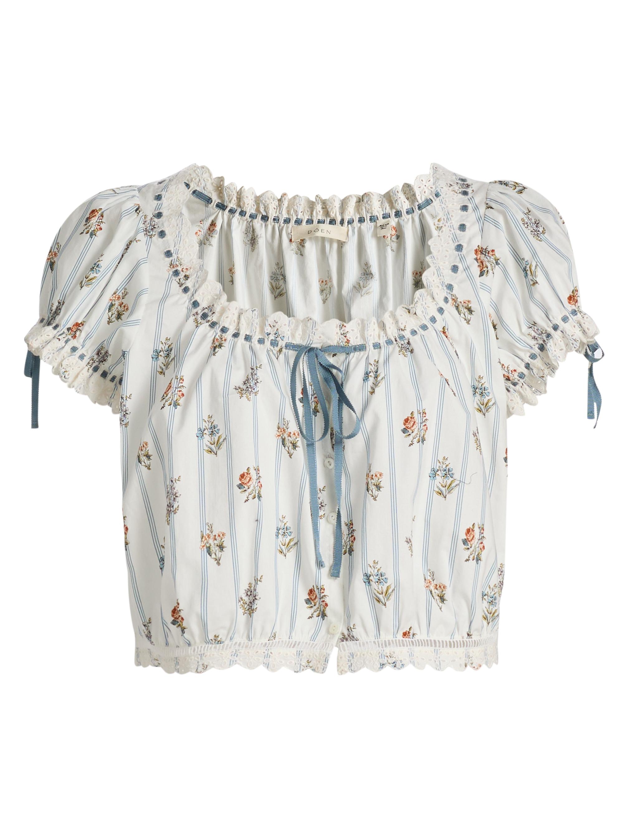 DÔEN Women's Nera Floral Cotton Crop Top - Creme Fleurs De Bordeaux