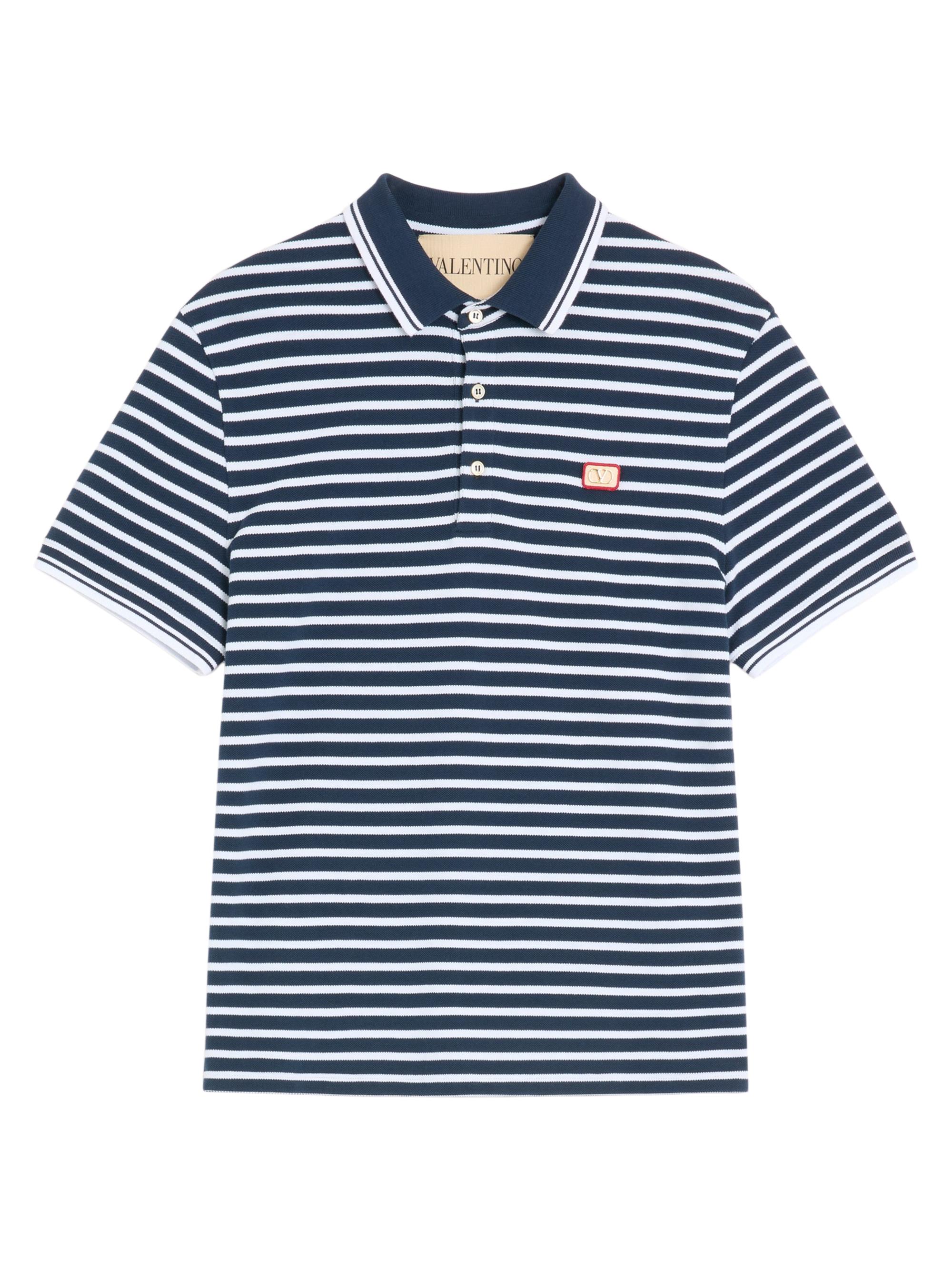 Valentino Garavani Men's Cotton Piqué Polo with VLogo Patch - White Blue