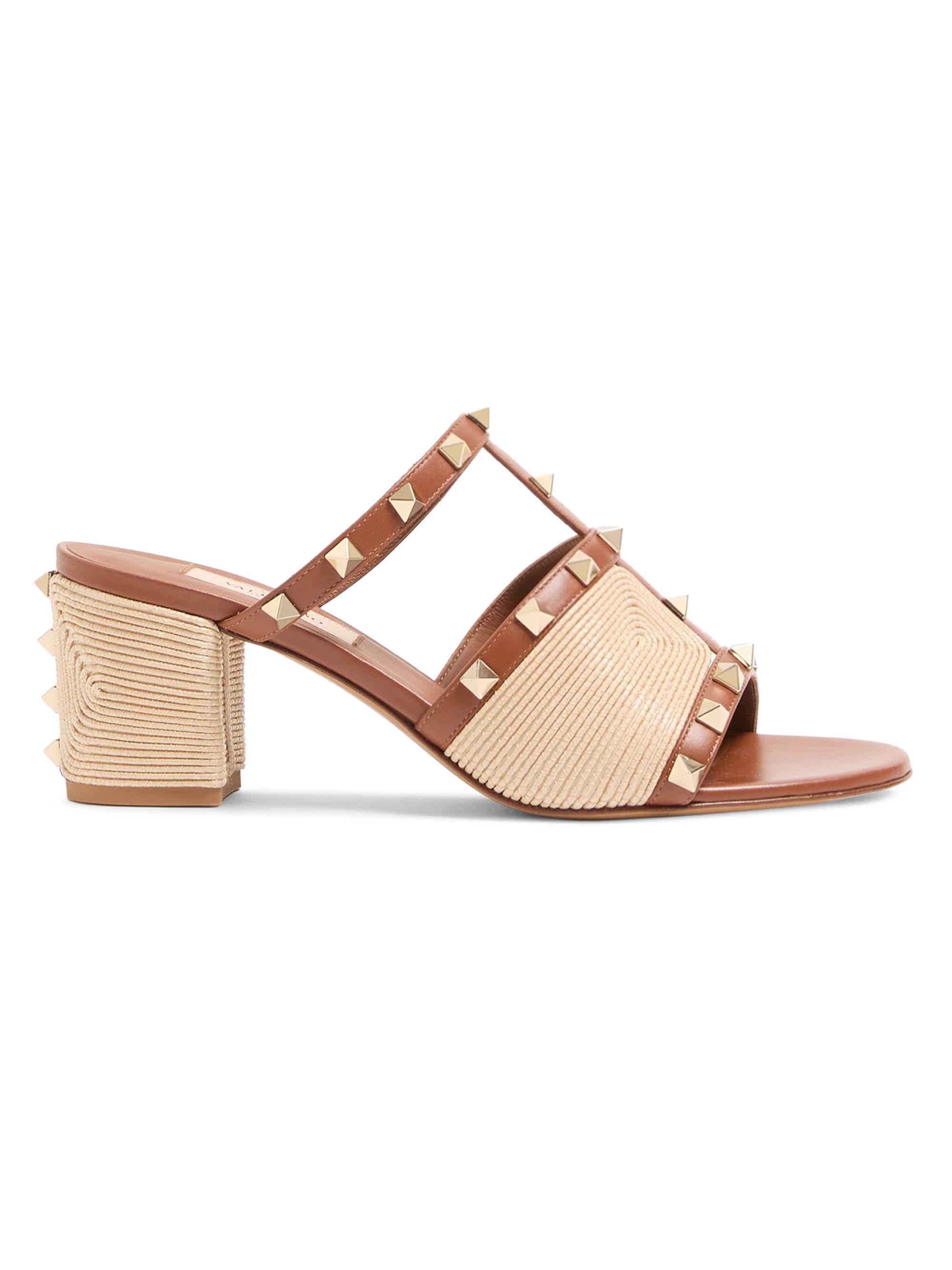 Valentino Garavani Women's Rockstud 60MM Slide Sandals in Calfskin with Cornely Embroidery - Saddle Brown Natural