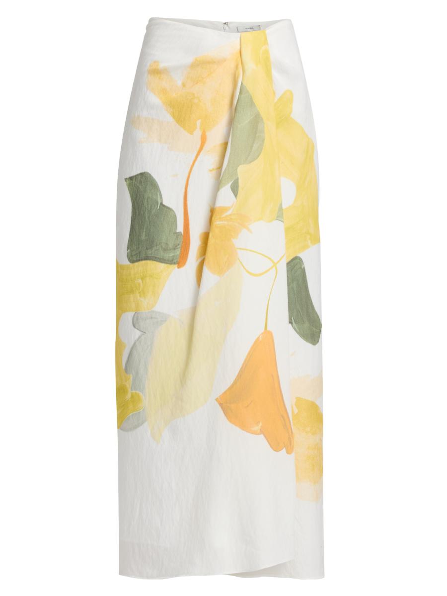 Vince Women's Painted Abstract Draped Midi Skirt In Off White Sun