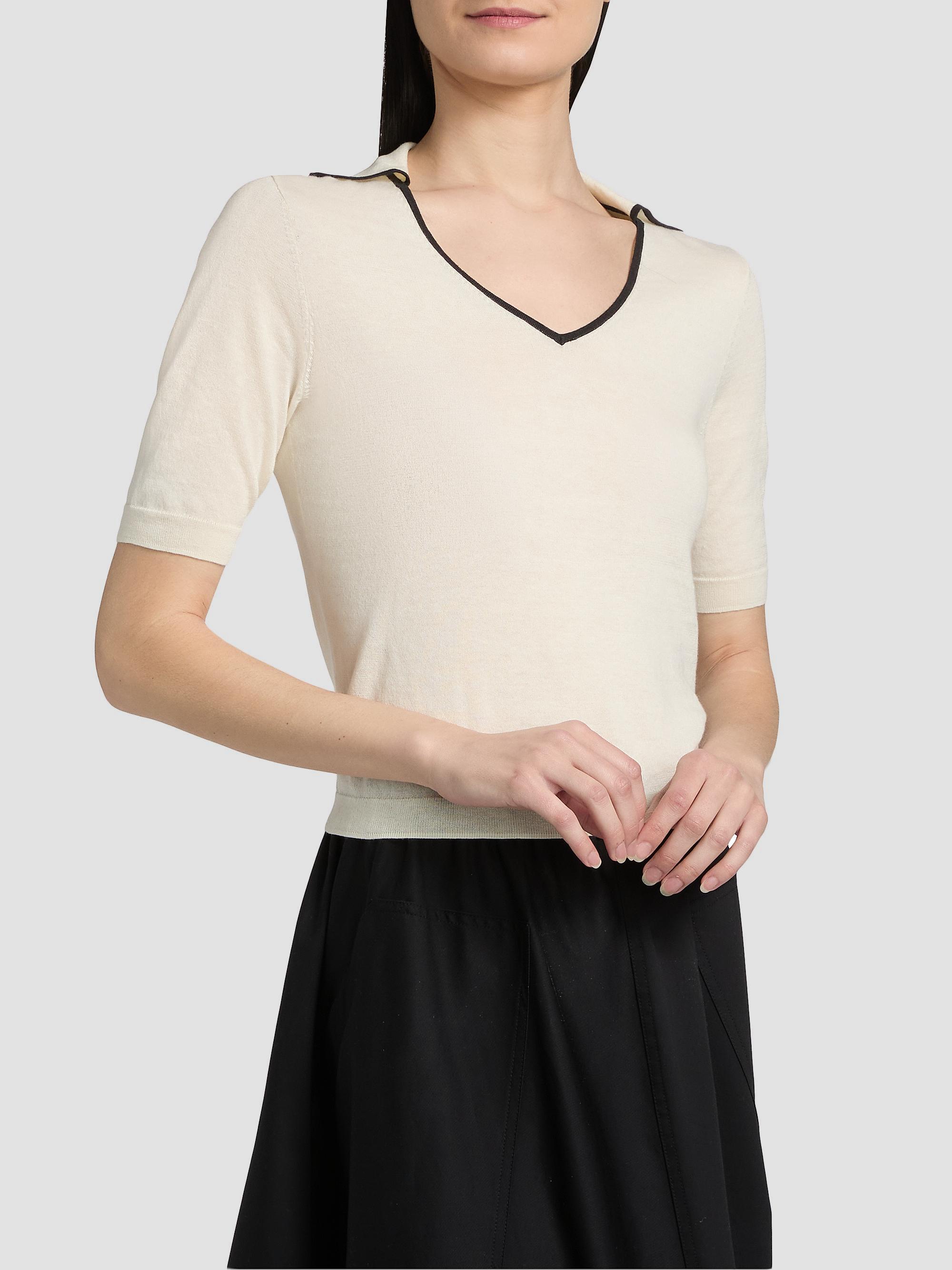 Vince Women's Tipped Cotton-Cashmere Knit Polo Top - Off White Ink | Thumbnail 4