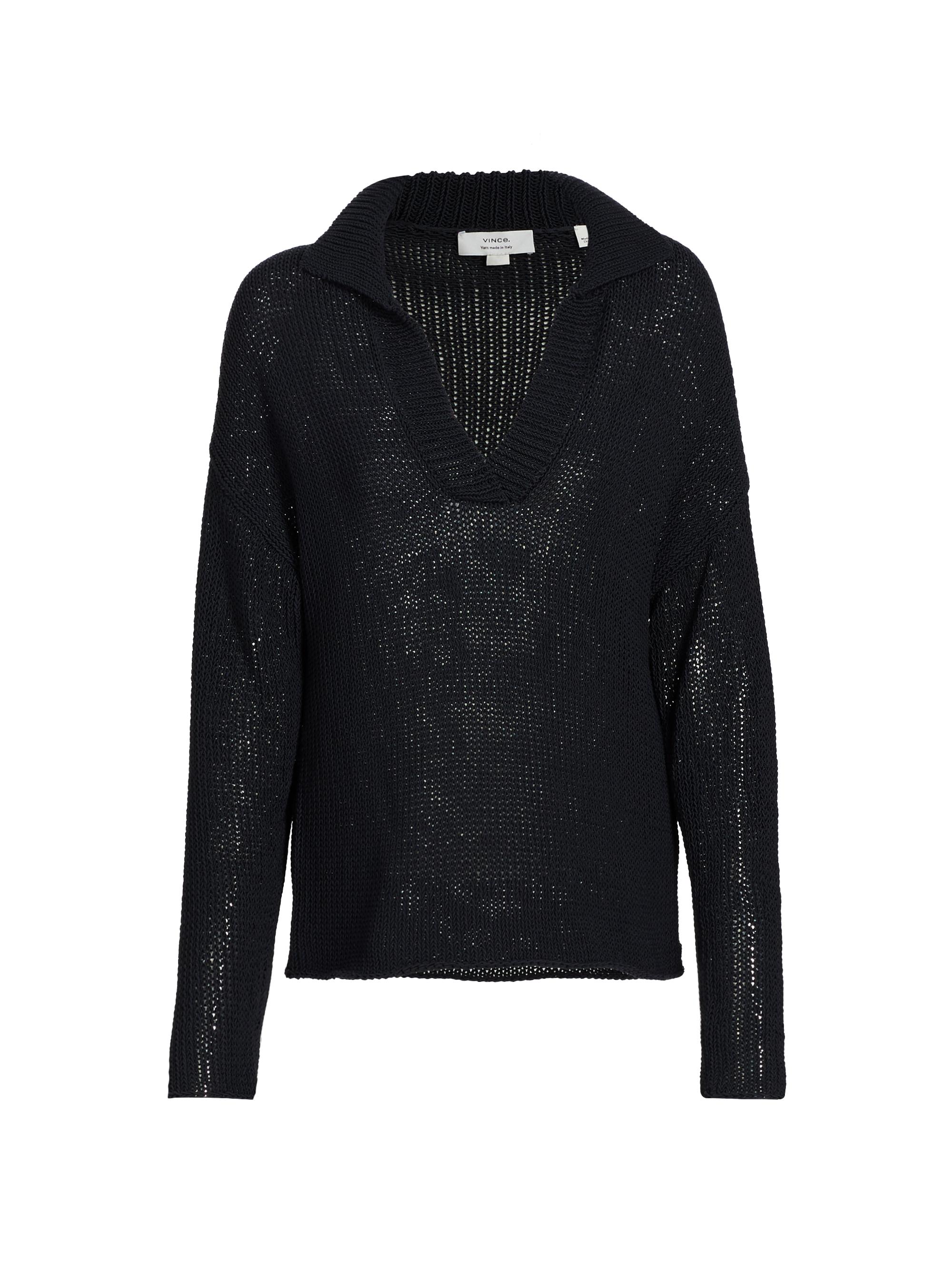 Vince Leather-Trim Rib-Knit Polo Sweater | Saks Fifth Avenue
