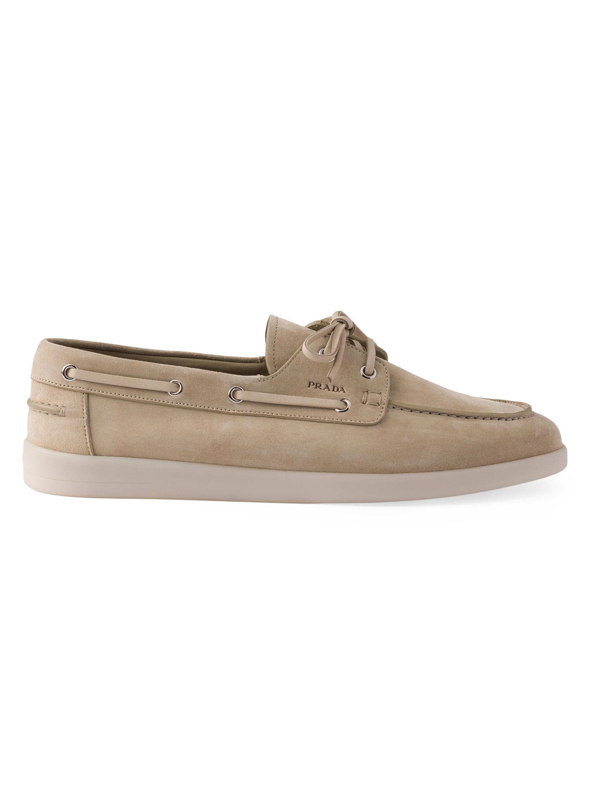 Prada Men's Suede Boat Shoes with Laces - Beige Khaki