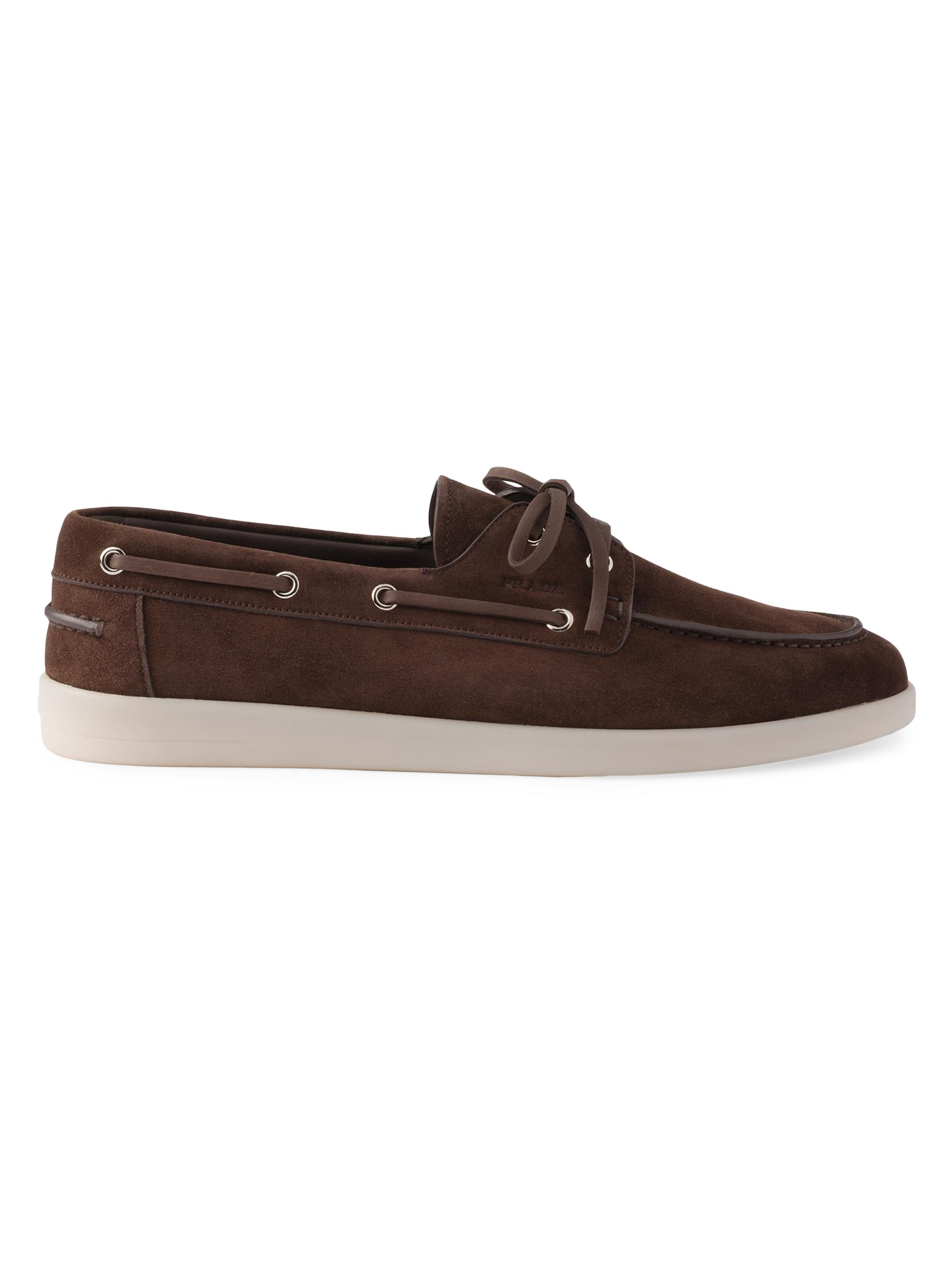 Prada Men's Suede Boat Shoes with Laces - Brown