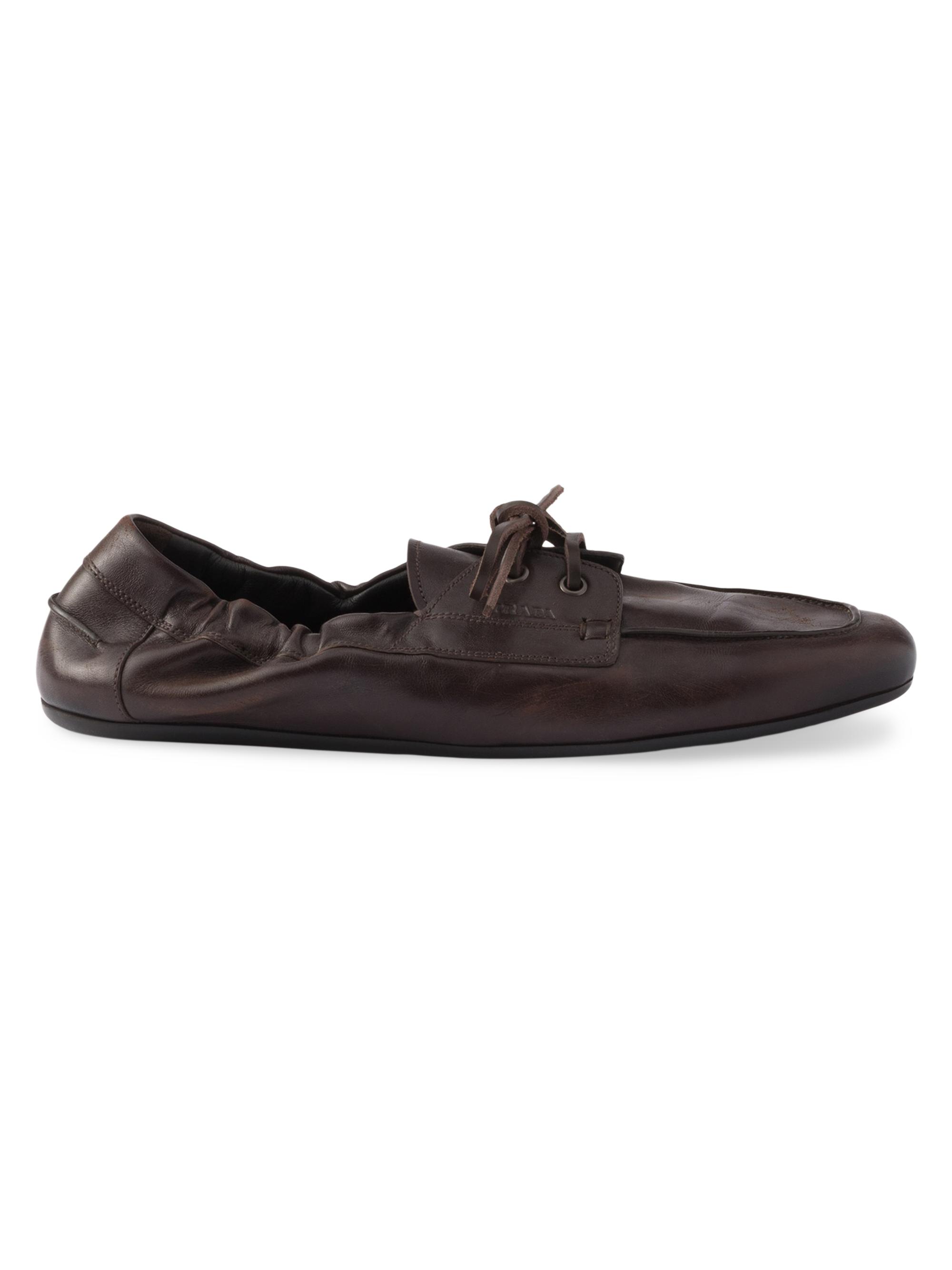 Prada Men's Shuffle Antiqued Leather Boat Shoes - Black
