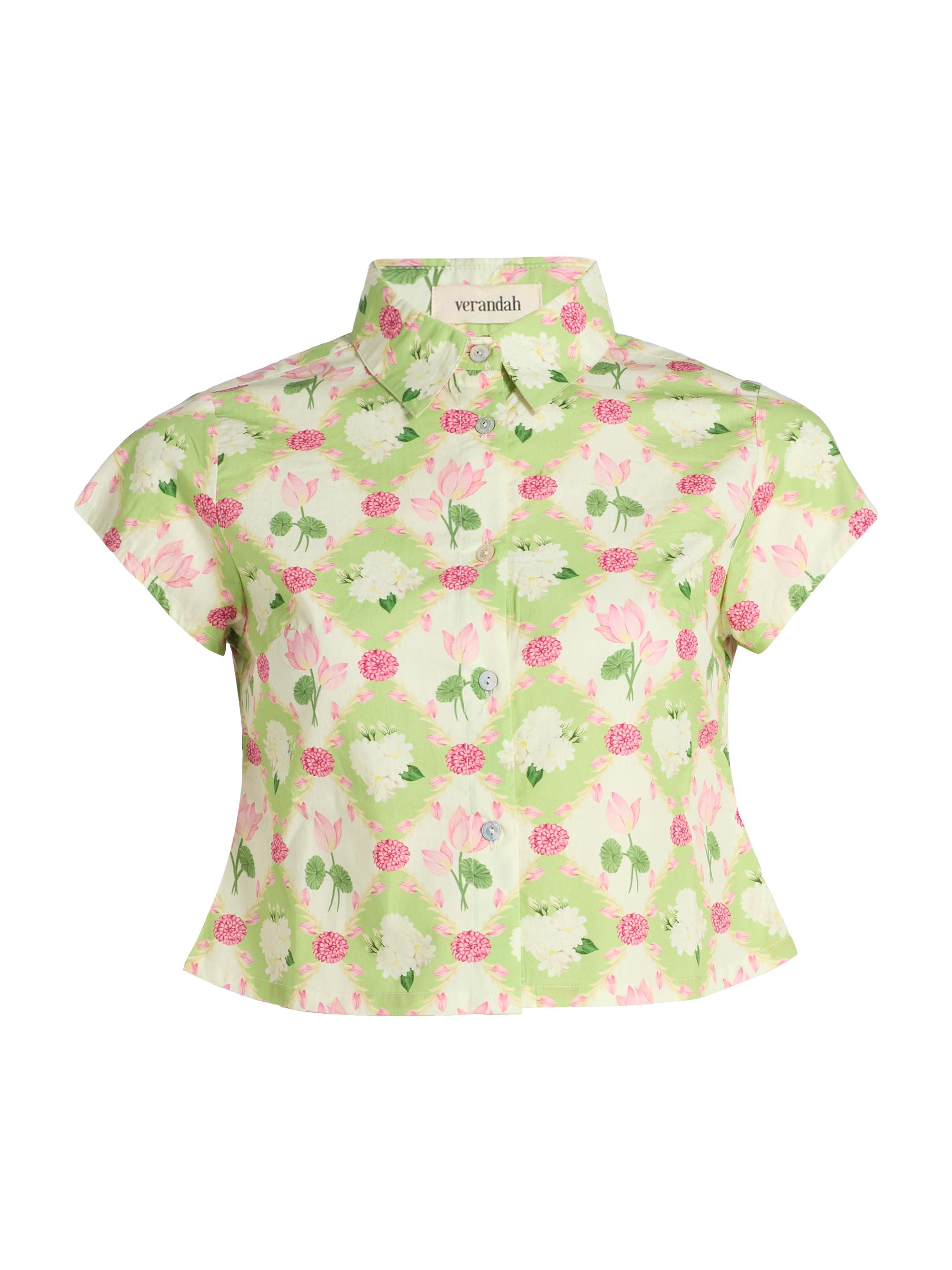 Verandah Women's Floral Cotton Poplin Crop Shirt - Sage Green And  Lotus