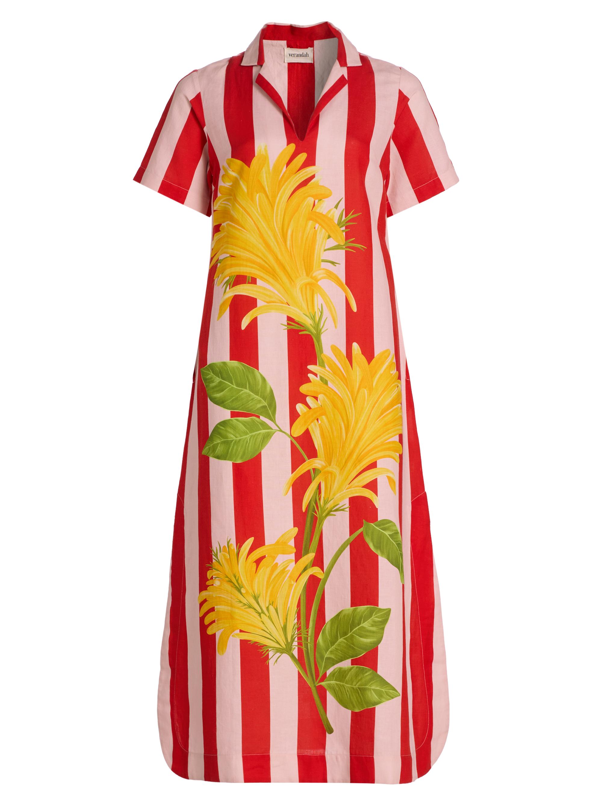 Verandah Women's Ammama Jacobina And Stripes Cotton-Linen Shirtdress - Blush And Vermillion Jacobina