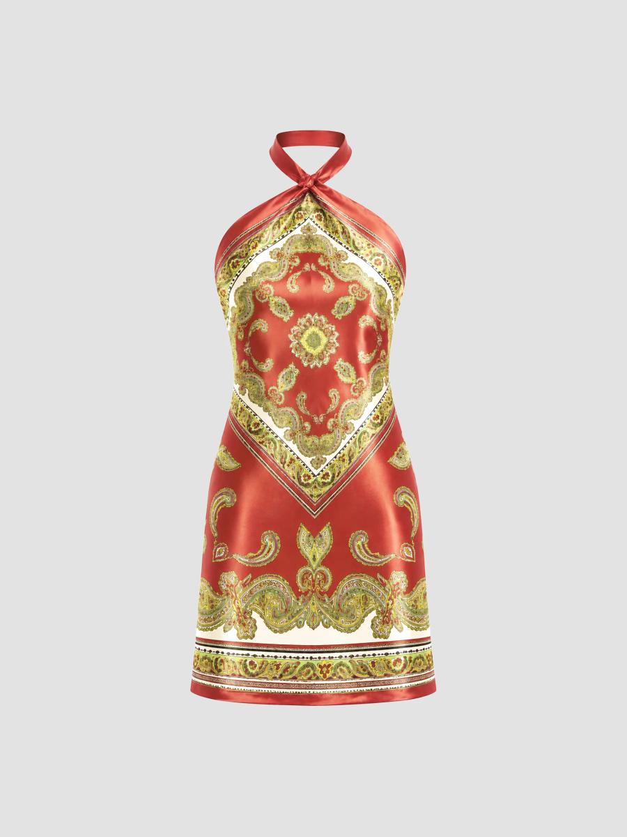 Retroféte Women's Adelaide Silk Halter Mini Dress In Rust Paisley