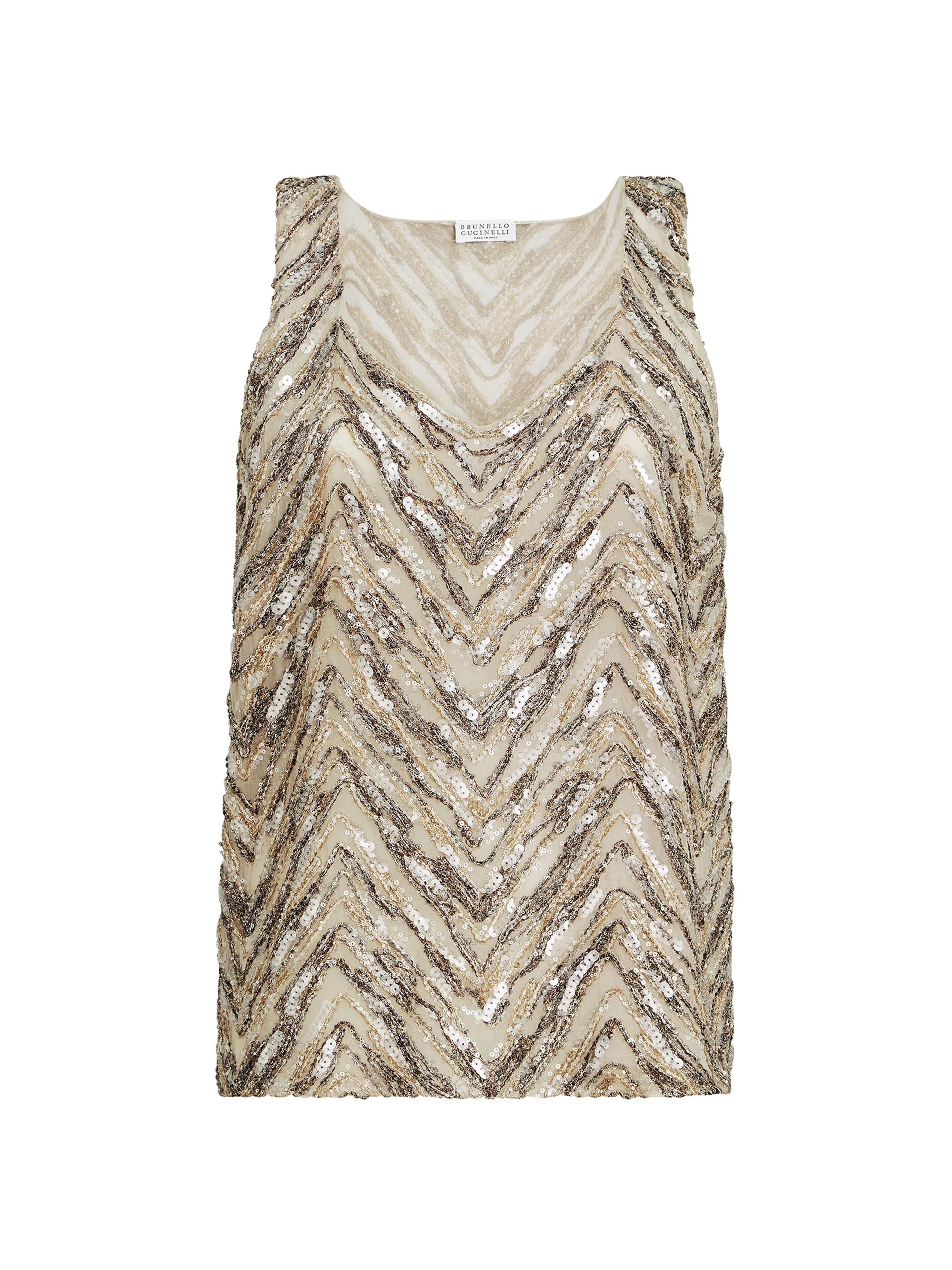 Brunello Cucinelli Women's Crispy Silk Top with Dazzling Chevron Embroidery - Beige