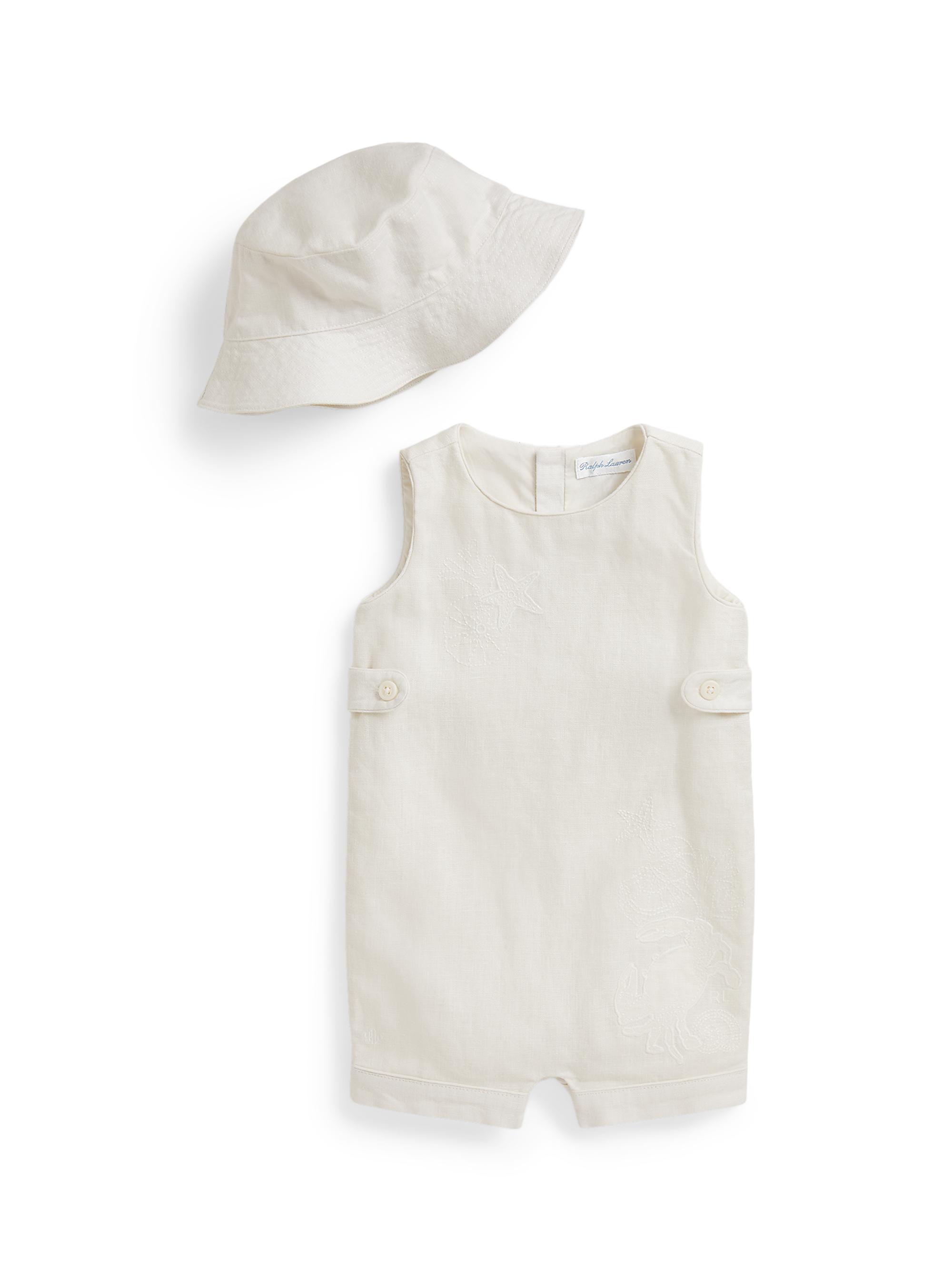 Polo Ralph Lauren Baby's Linen Shortall & Bucket Hat Set - Antique Cream 9 Months