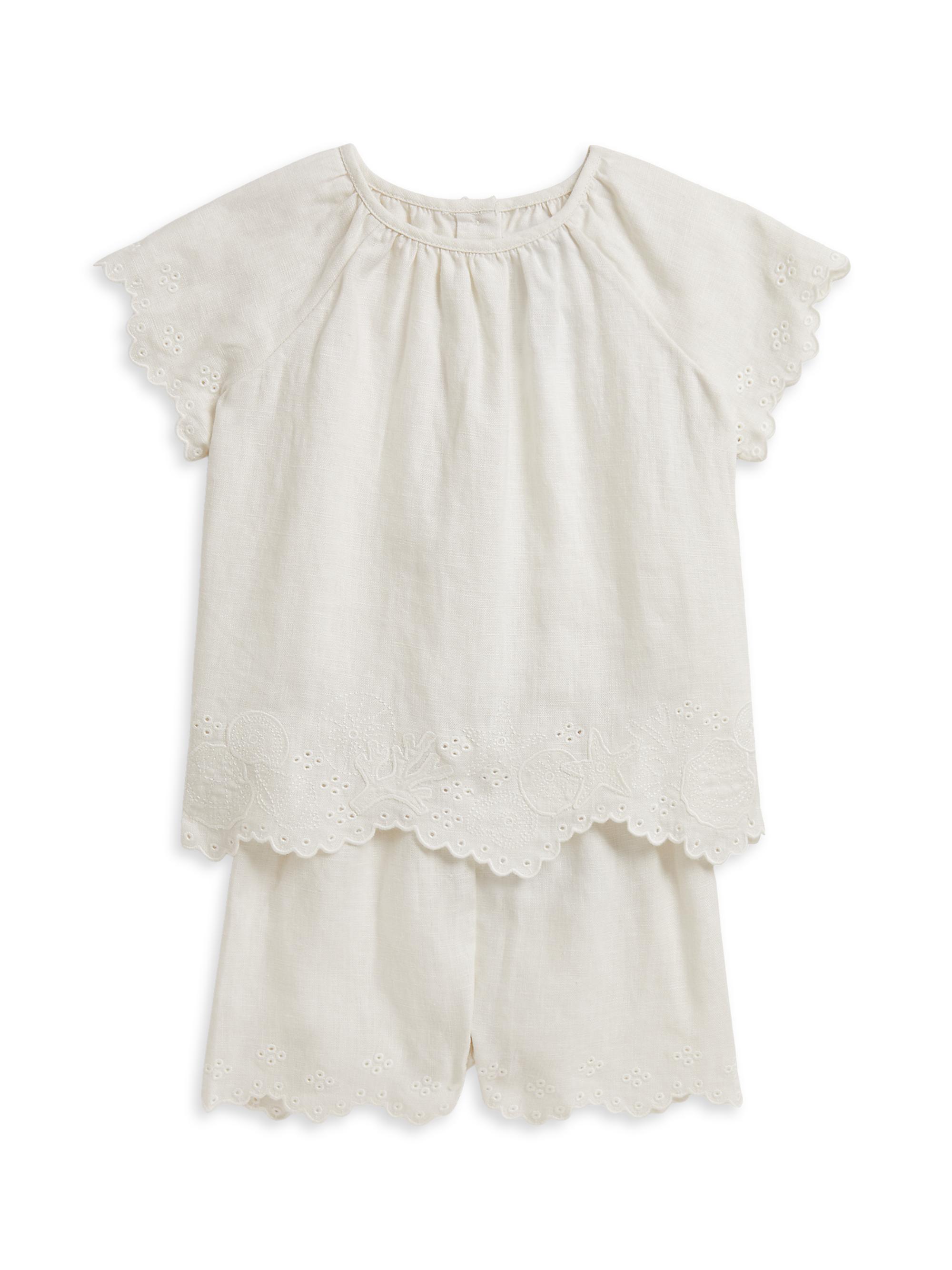 Polo Ralph Lauren Baby Girl's Starfish-Embroidered Linen Top & Shorts Set - Antique Cream 9 Months