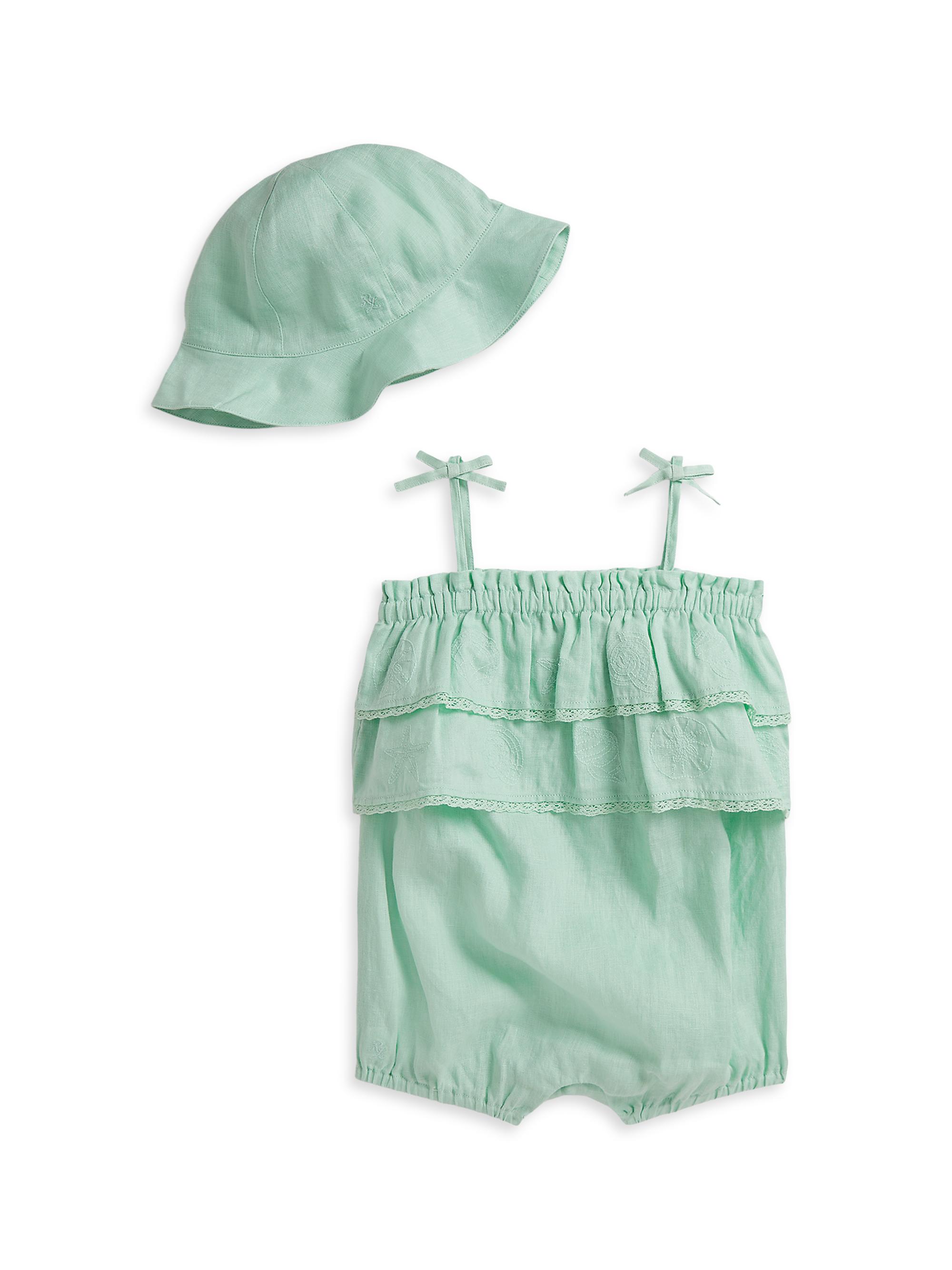 Polo Ralph Lauren Baby Girl's Embroidered Linen Shortall & Bucket Hat Set - April Green 9 Months