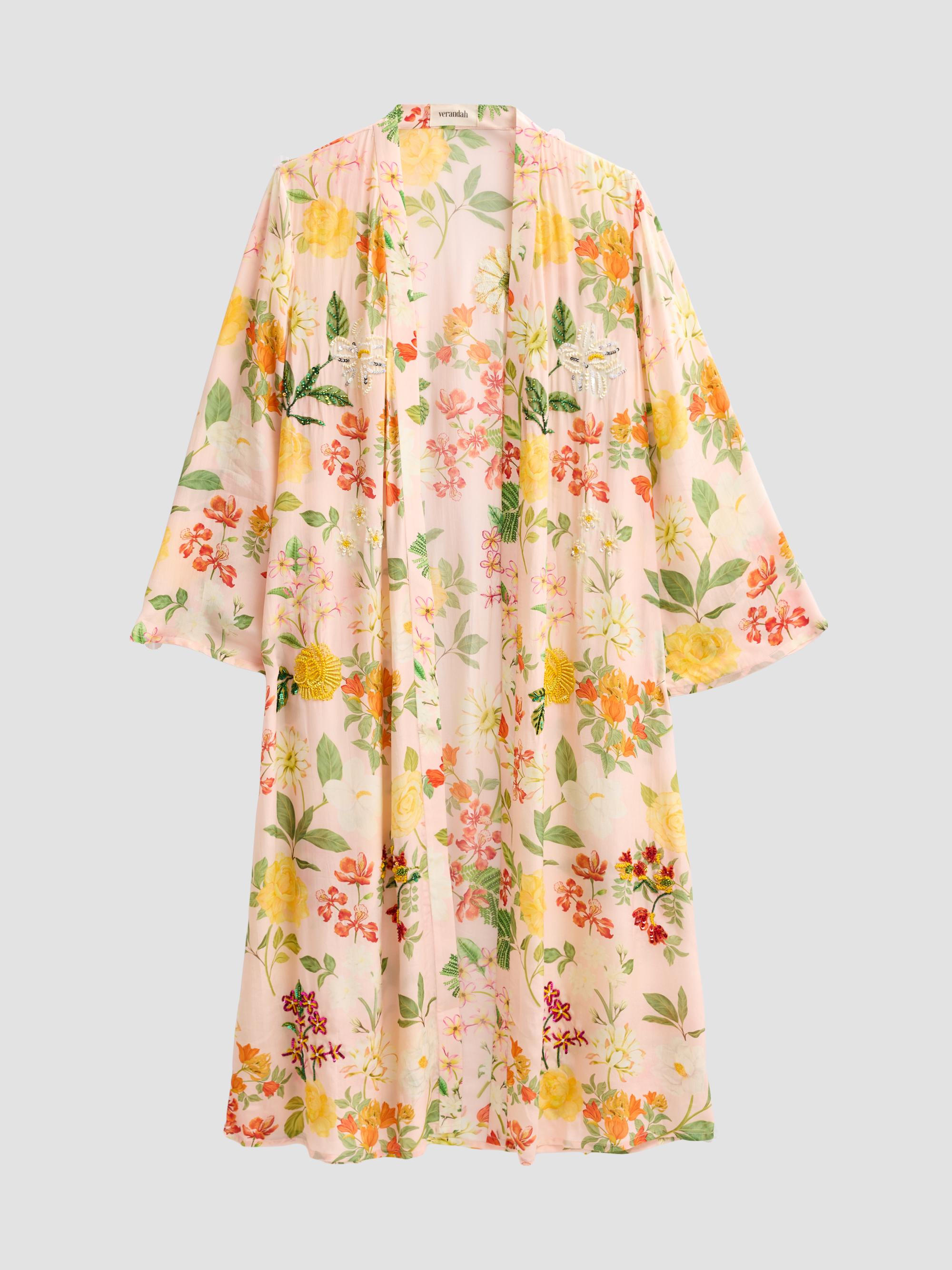 Verandah Women's Ammama Hand-Beaded Botanical Caftan - Blush Multi Floral | Thumbnail 6
