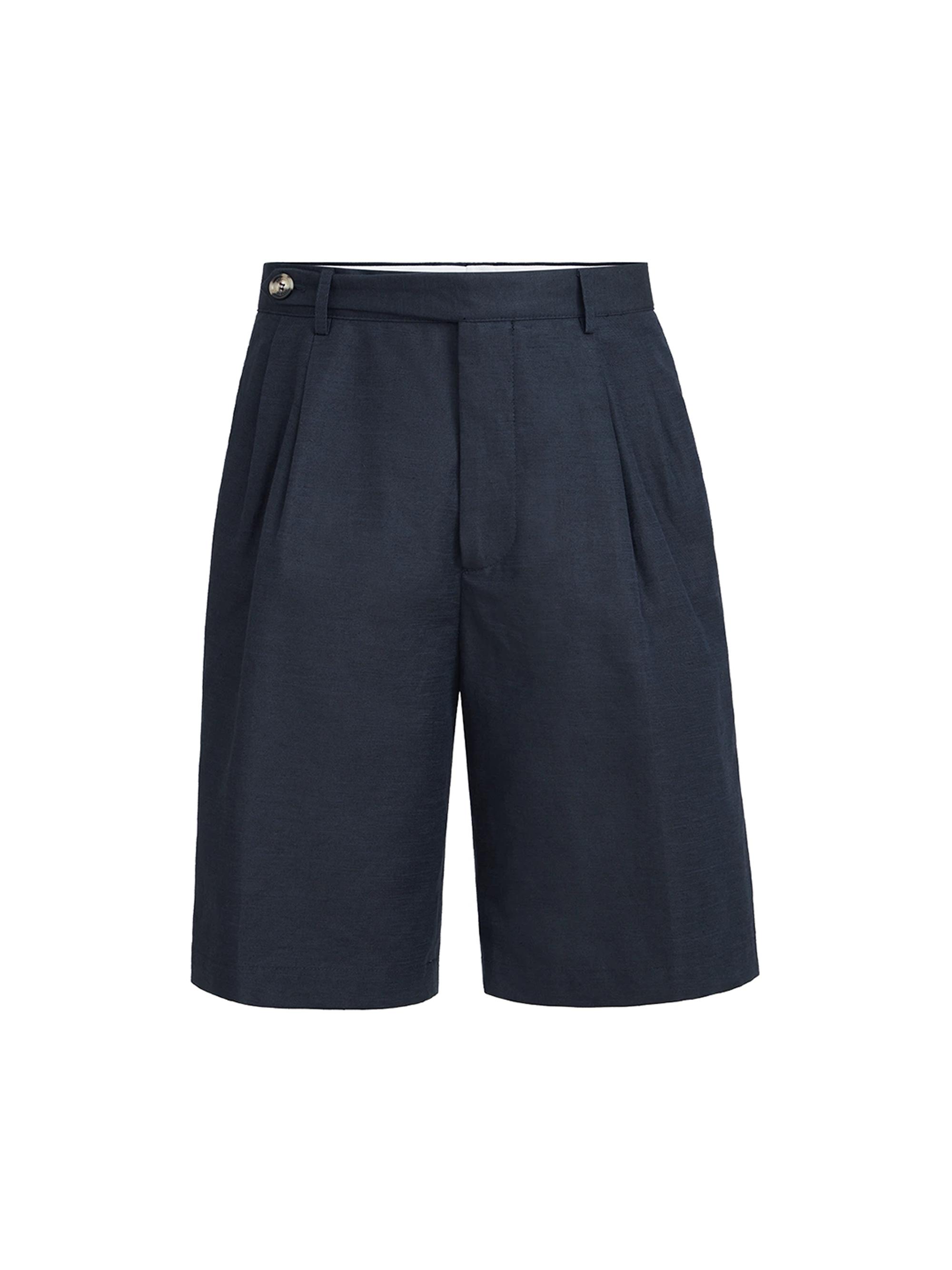 Brunello Cucinelli Men's Cotton and Linen Panama Bermuda Shorts with Pleats - Navy Blue