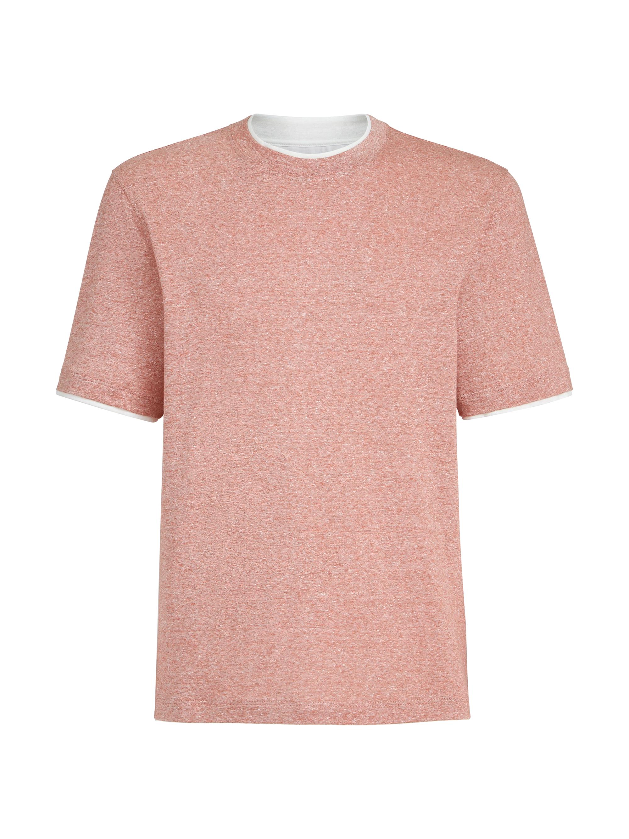 Brunello Cucinelli Men's Linen and Cotton Jersey Crew Neck T-Shirt with Faux Layering - Orange