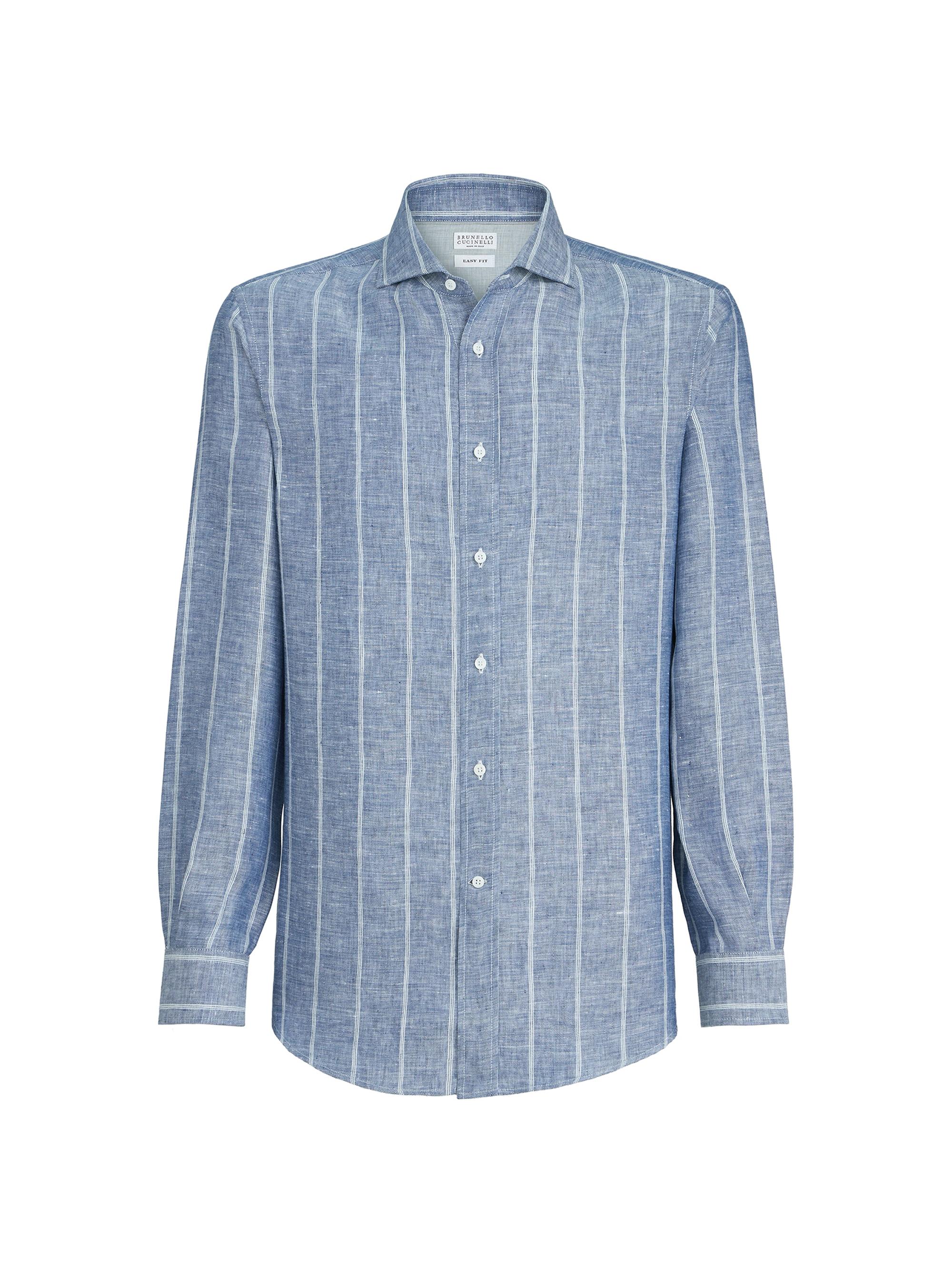 Brunello Cucinelli Men's Linen Denim Effect Twill Easy Fit Shirt with Spread Collar - Denim