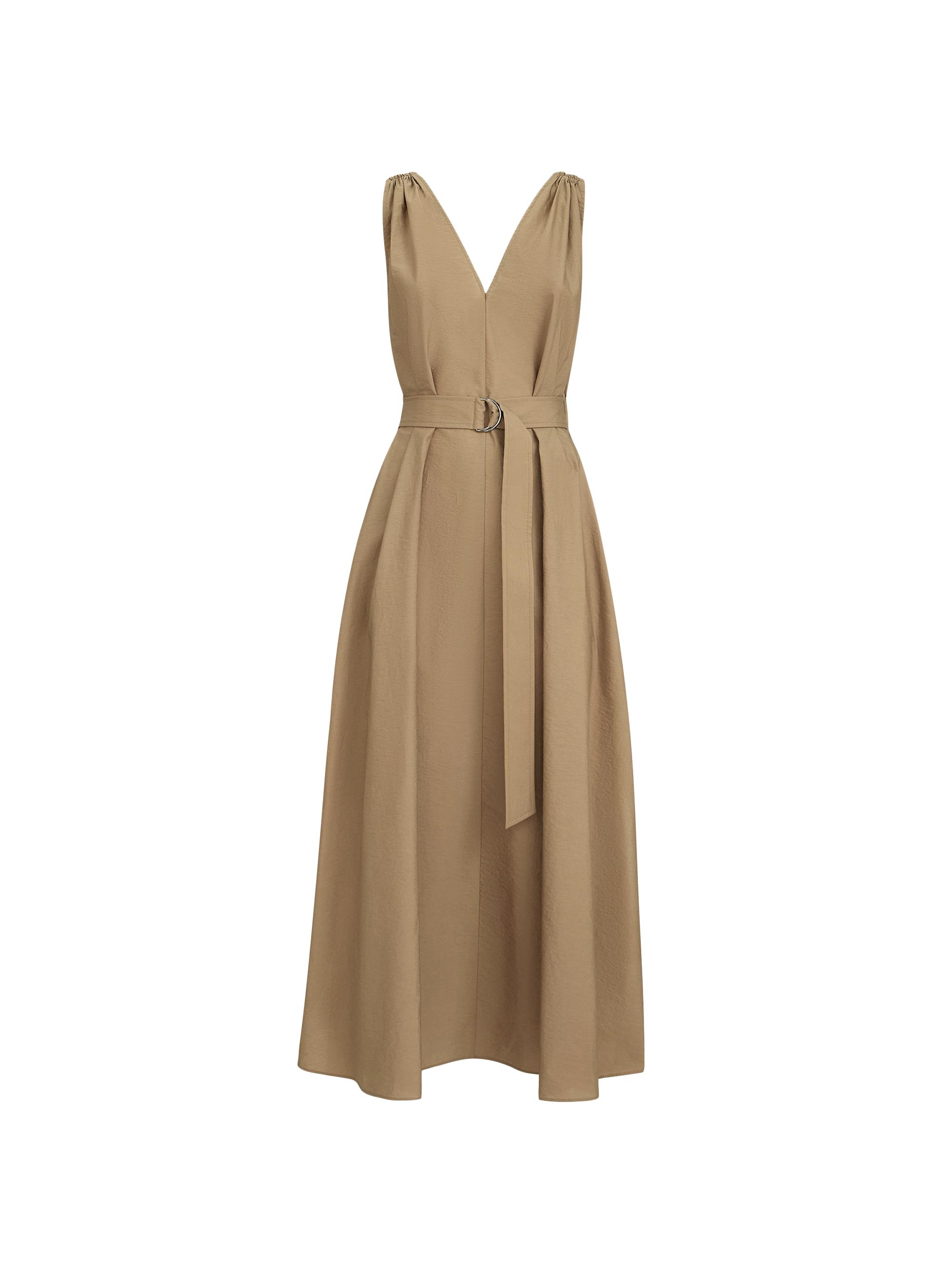 BRUNELLO CUCINELLI Vネック ワンピース M Brunello Cucinelli Crispy Silk Belted Dress with Pleated Detail