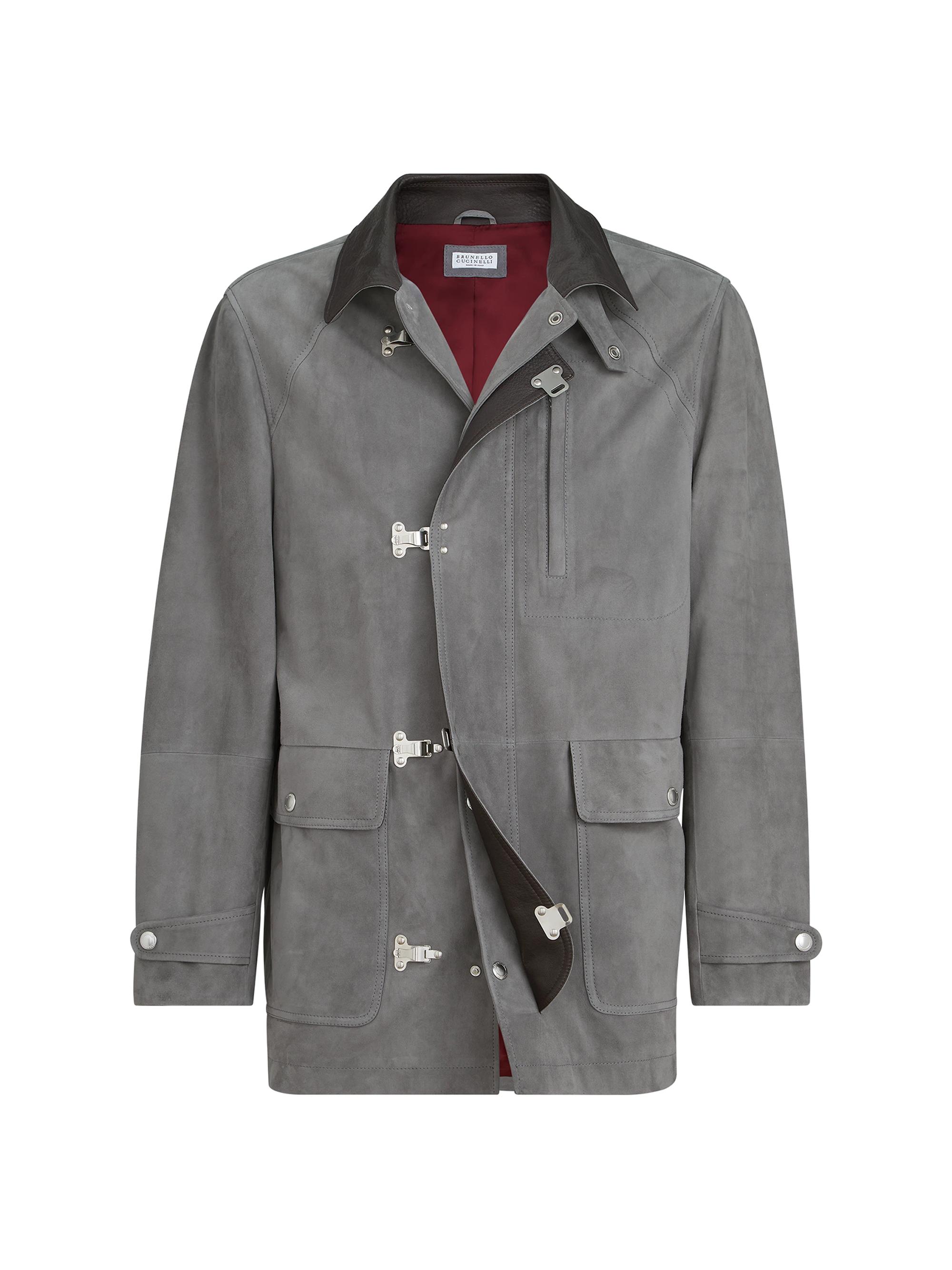 Brunello Cucinelli Men's Suede Outerwear Jacket with Hook Fastening - Medium Grey