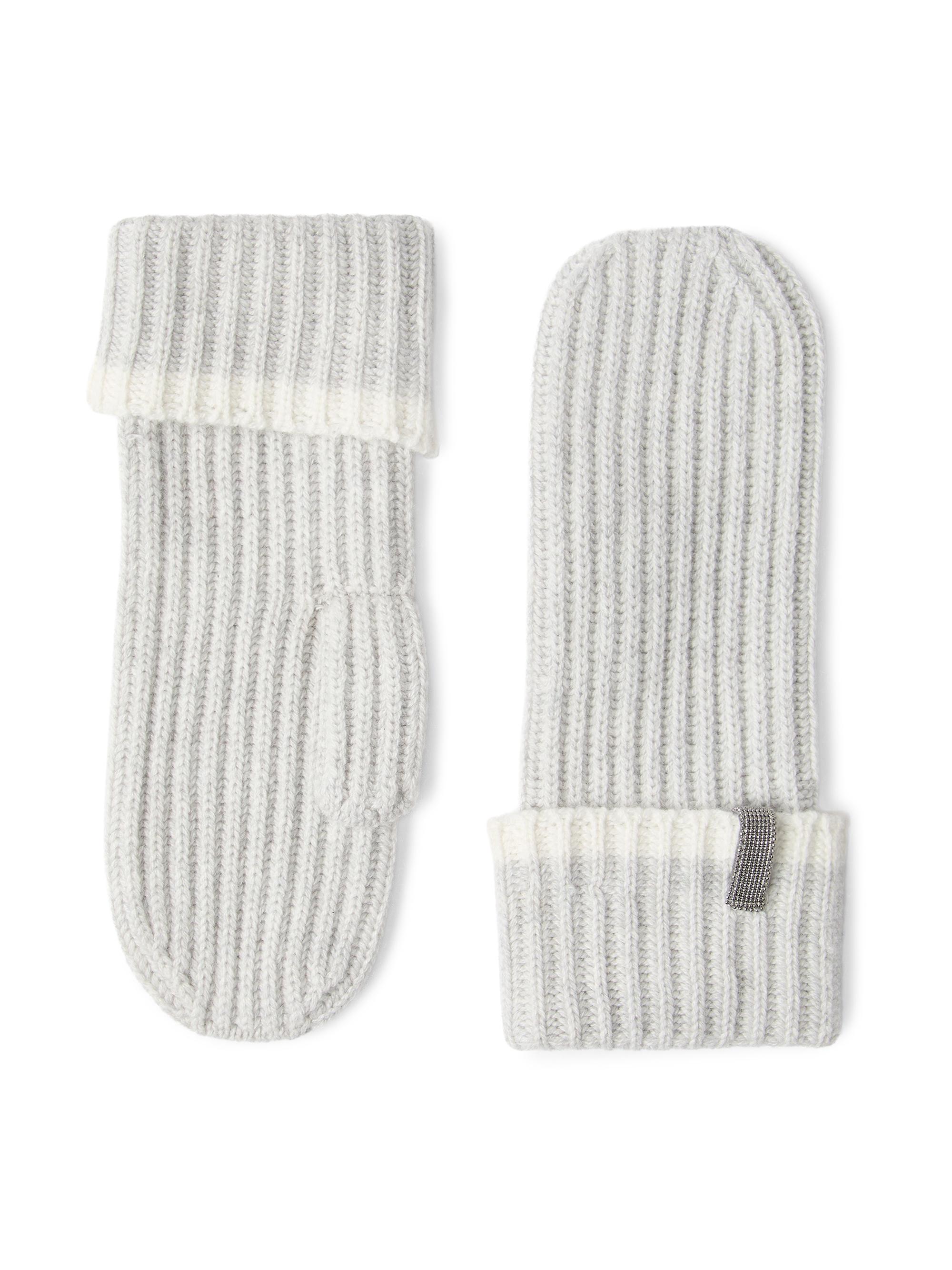 Brunello Cucinelli Women's Cashmere English Rib Knit Mittens with Monili - Light Grey | Thumbnail 4