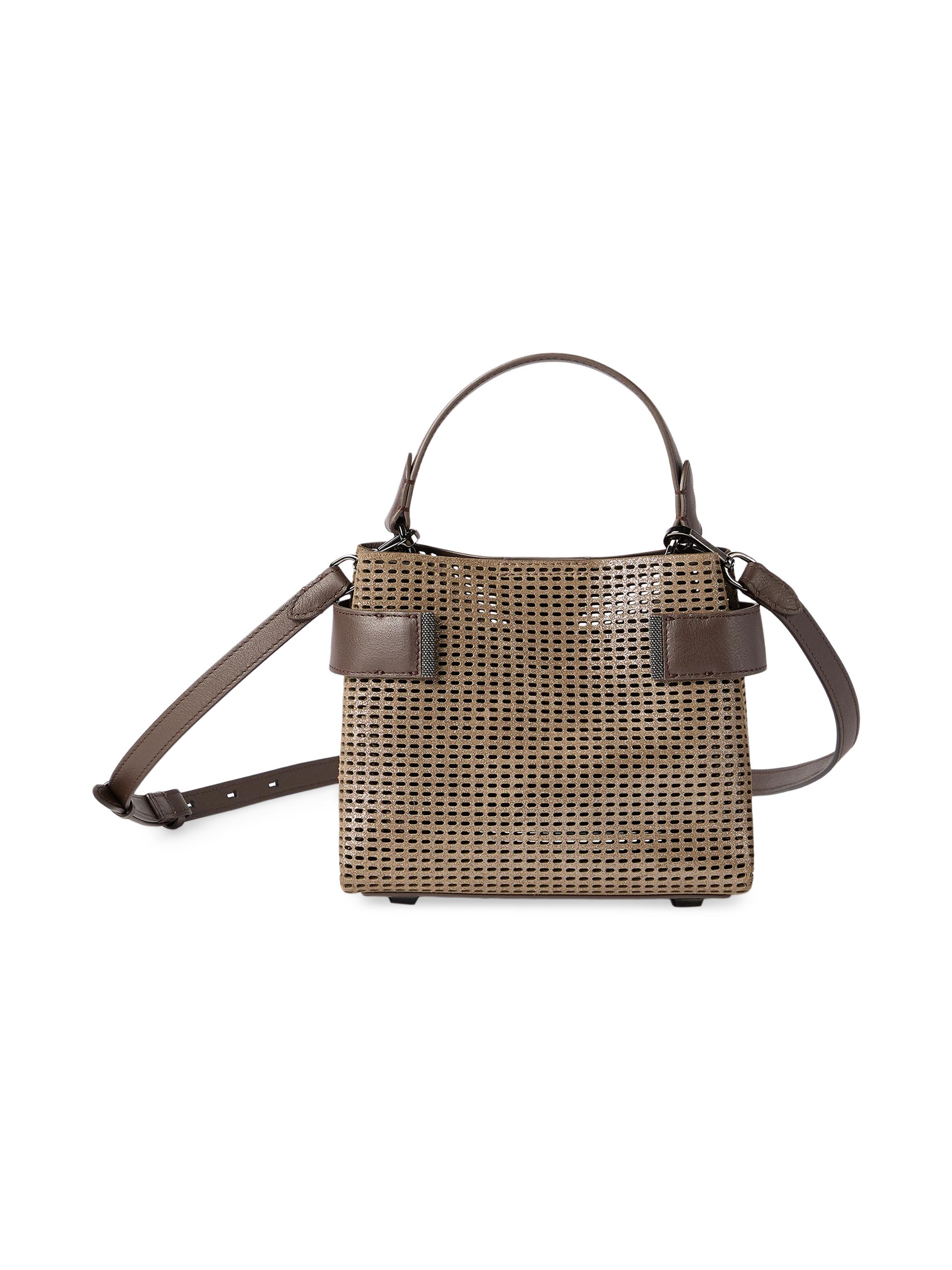 Brunello Cucinelli Women's Essence  Top Handle Bag in Sparkling Leather Net with Monili - Brown