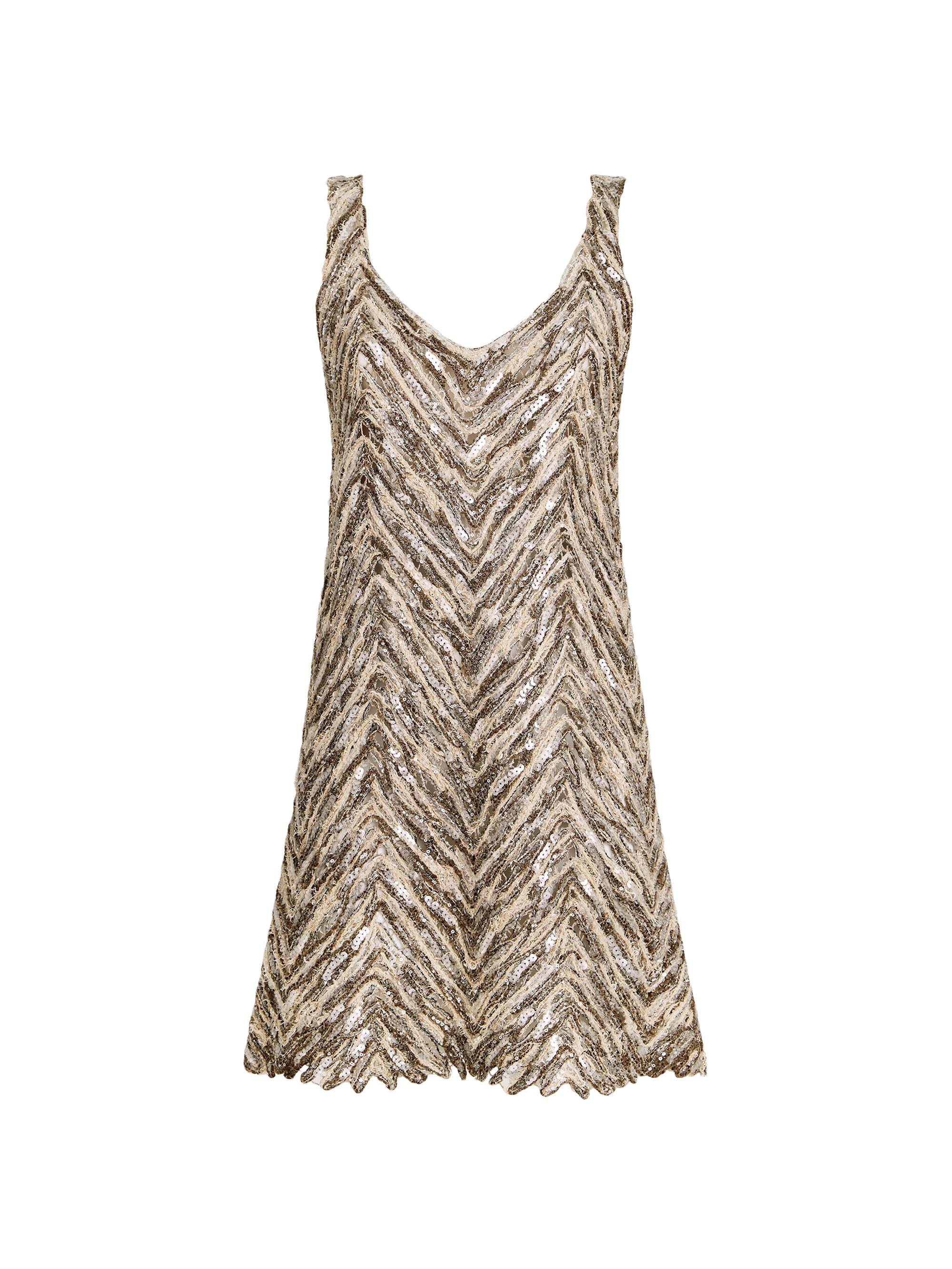 Brunello Cucinelli Women's Dazzling Chevron Embroidery Mini Dress in Paper Yarn, Linen and Silk - Brown