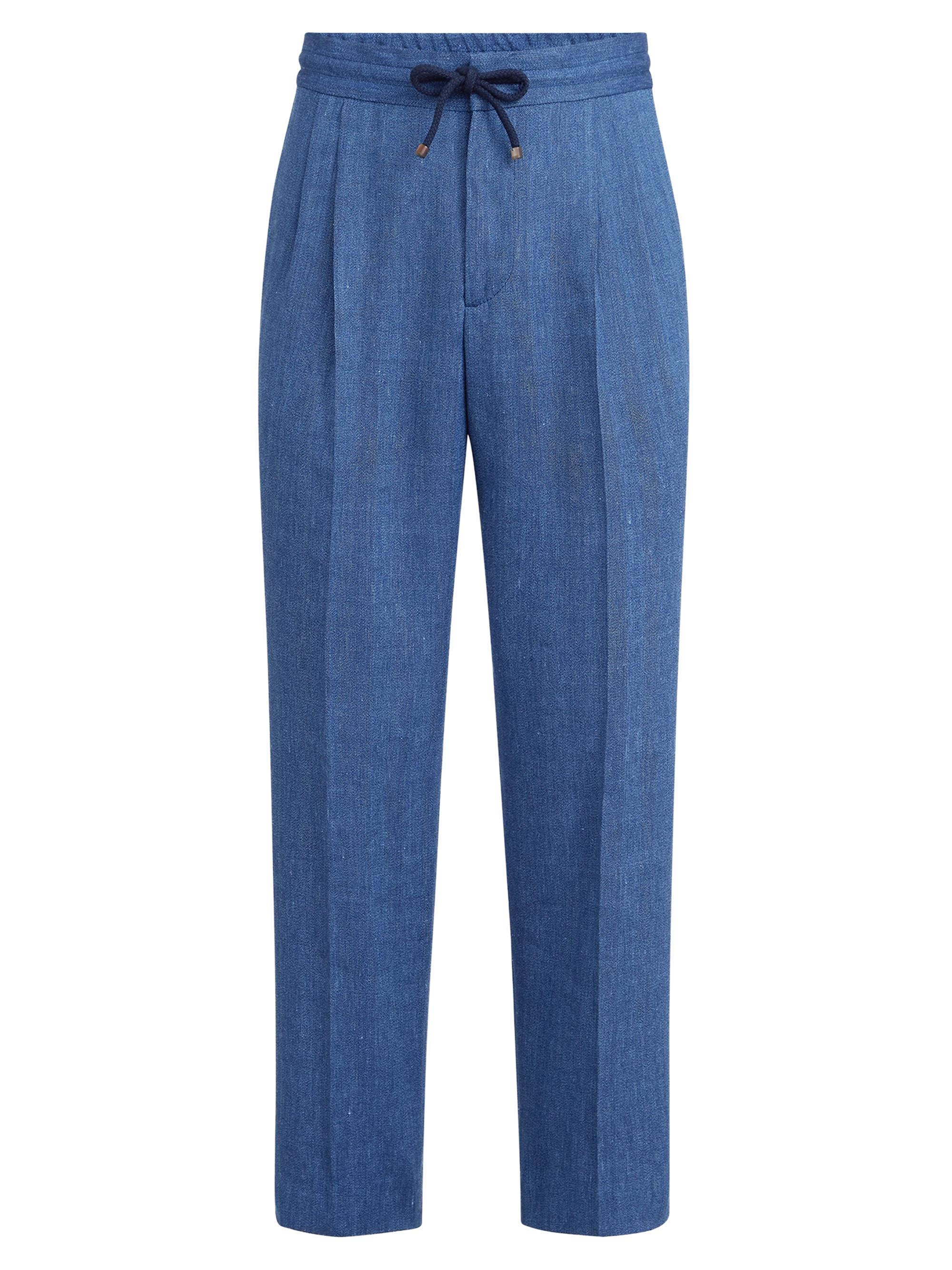 Brunello Cucinelli Men's Linen and Virgin Wool Chevron Trousers with Drawstring and Double Pleats - Denim