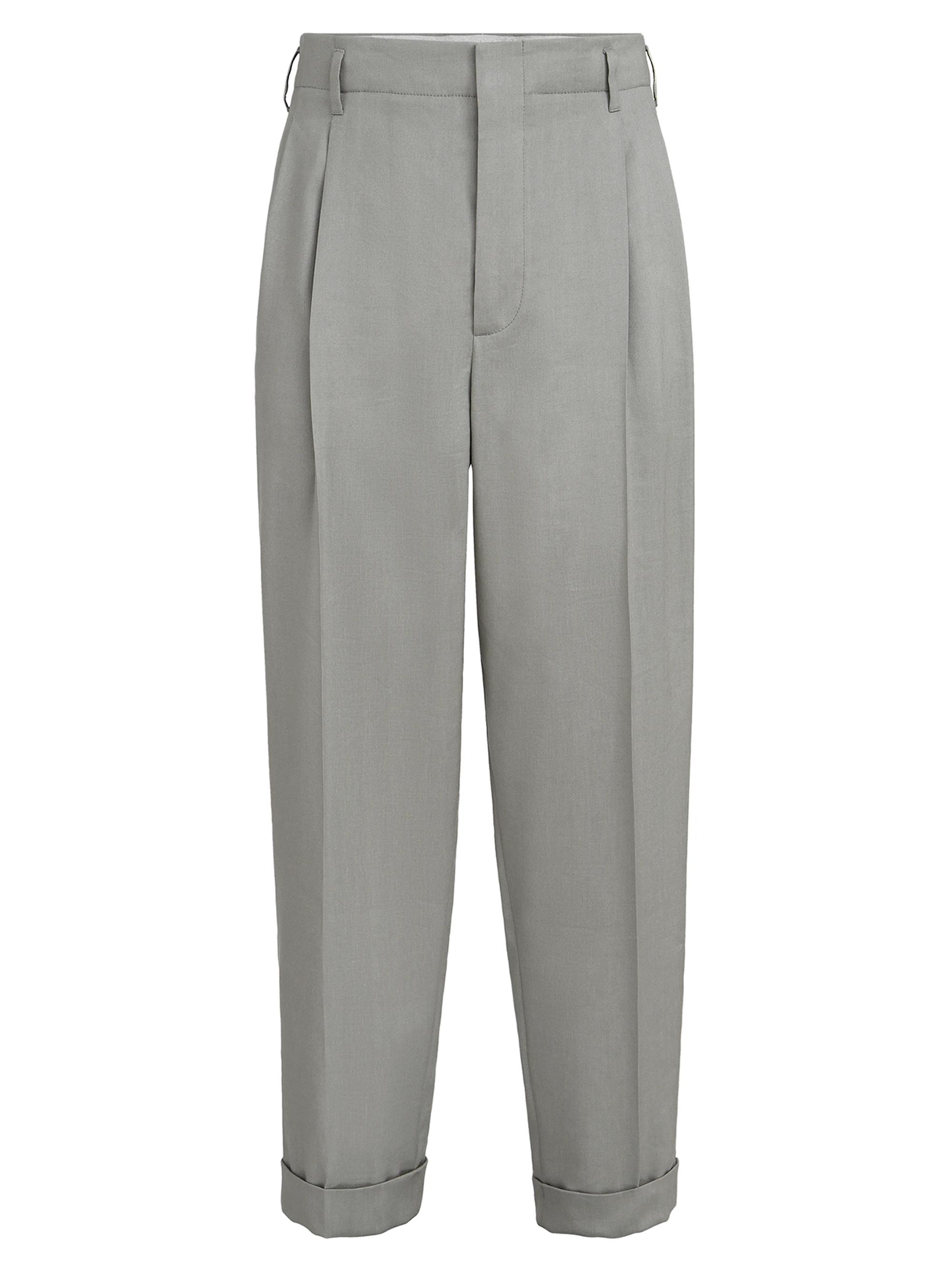 Brunello Cucinelli Men's Linen, Virgin Wool and Mohair Gabardine Trousers with Double Pleats - Khaki