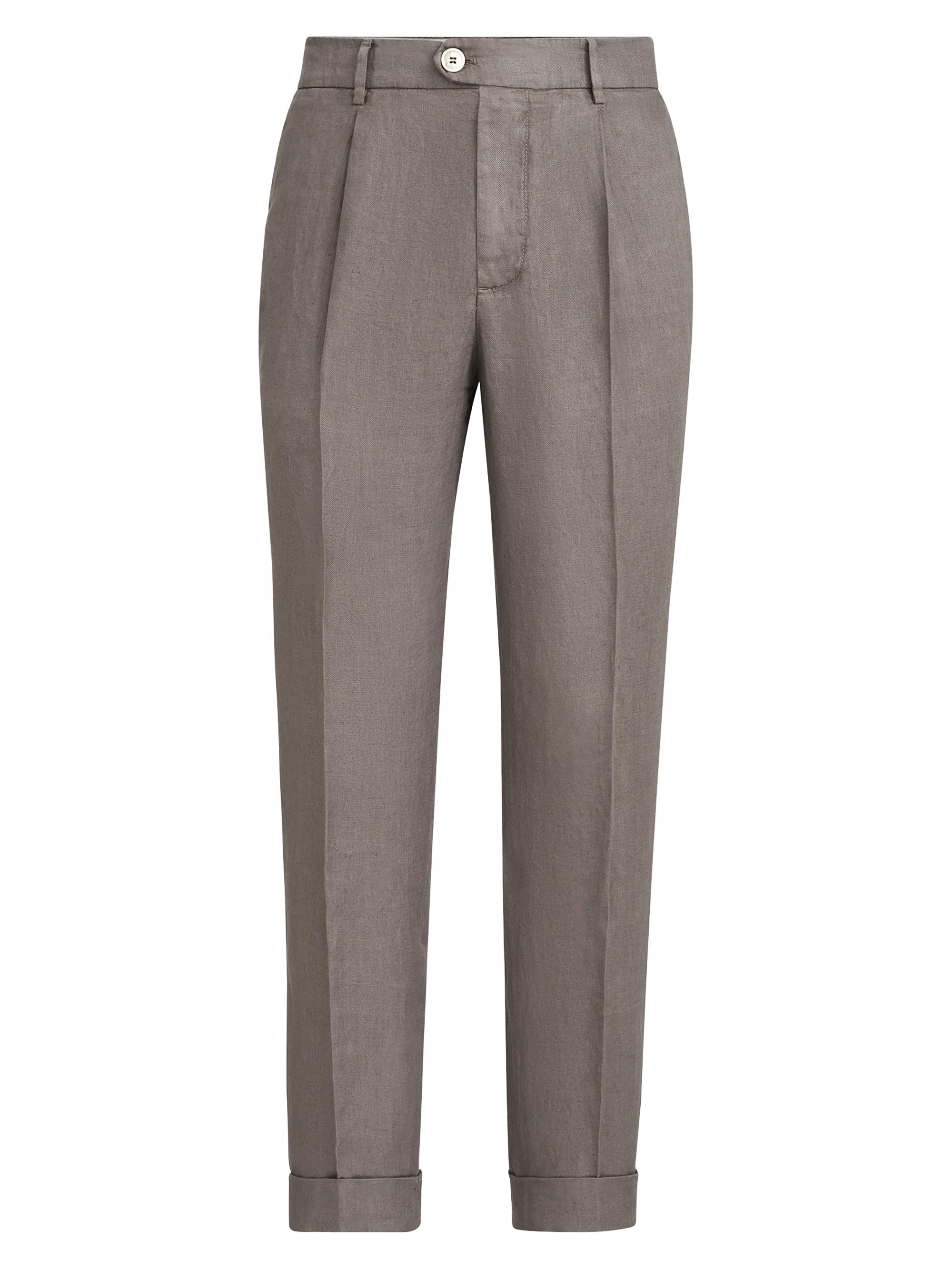 Brunello Cucinelli Men's Garment Dyed Trousers in Linen Gabardine with Pleats - Hazelnut